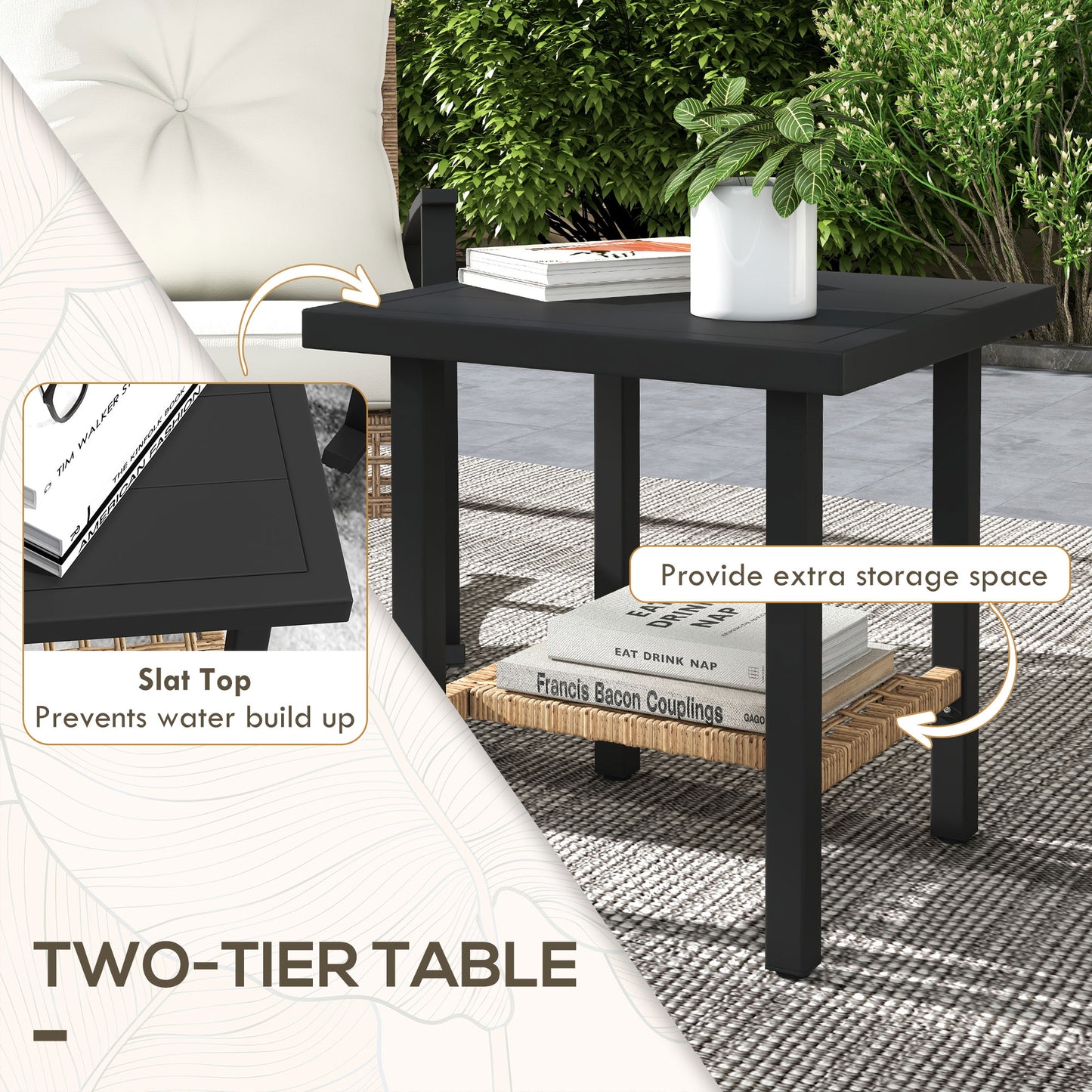 3 Pieces Bistro Set, Patio Wicker Furniture Set With Button Tufted Cushions, Rattan Rocking Chairs, Coffee Table, White