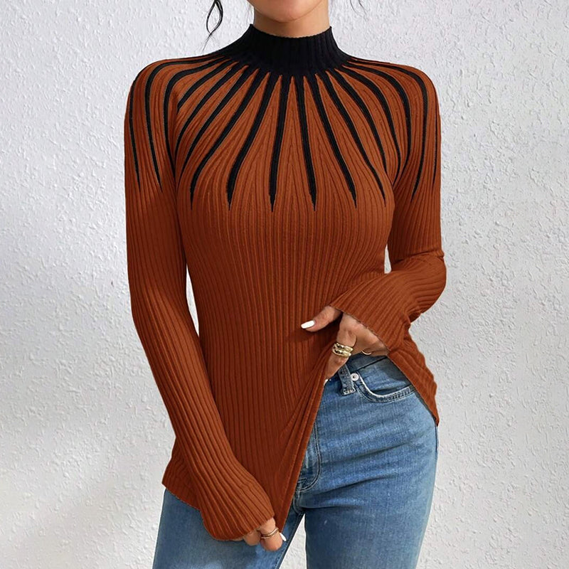 Womens Slim Fit Mock Neck Sweater, Ribbed Striped Long Sleeve Knit For Fall Winter