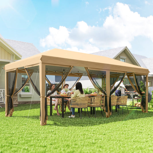 10' X 20' Pop Up Canopy Tent With Netting, Heavy Duty Instant Sun Shelter, Large Tents For Parties With Carry Bag For Outdoor, Garden, Patio, Beige