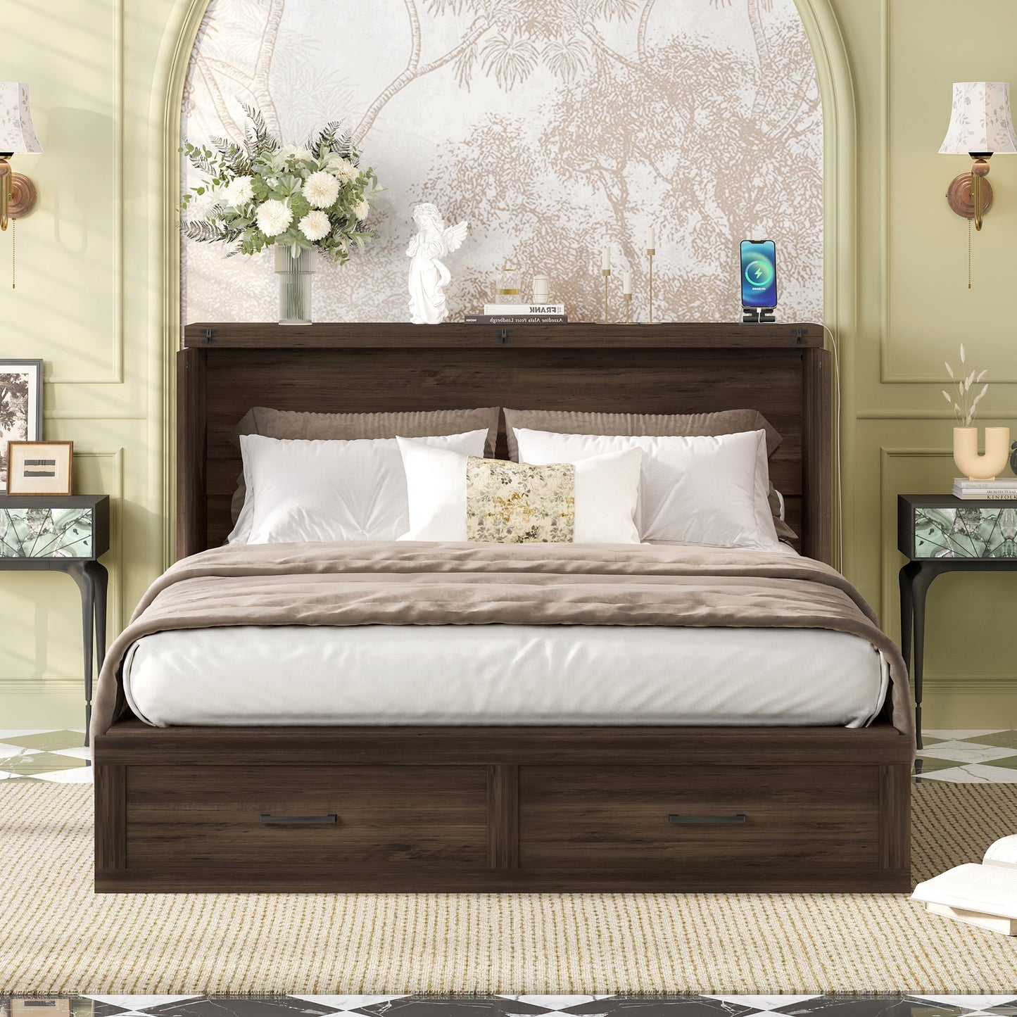 Queen Size Farmhouse Murphy Cabinet Bed With Charging Station, Foldable Platform Bed With Large Storage Drawer For Guest-Room, Small Bedroom, Rustic Gray