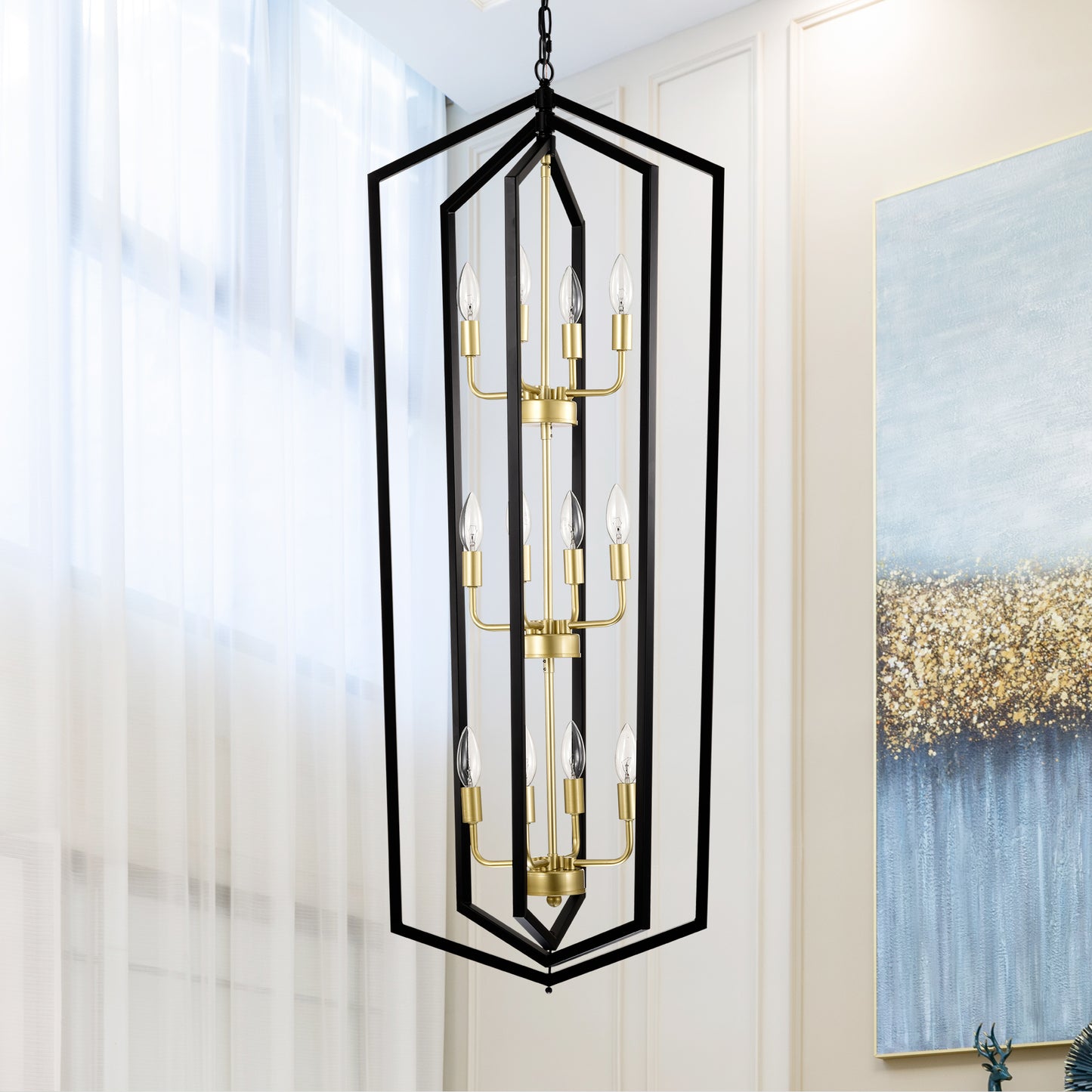 12-Light Lantern Tired Farmhouse Ceiling Hanging Light Black Chandelier Metal Modern Pendant Light Fixtures For Kitchen Island Dining Room Living Room Foyer Entryway E12 Bulbs Not Included