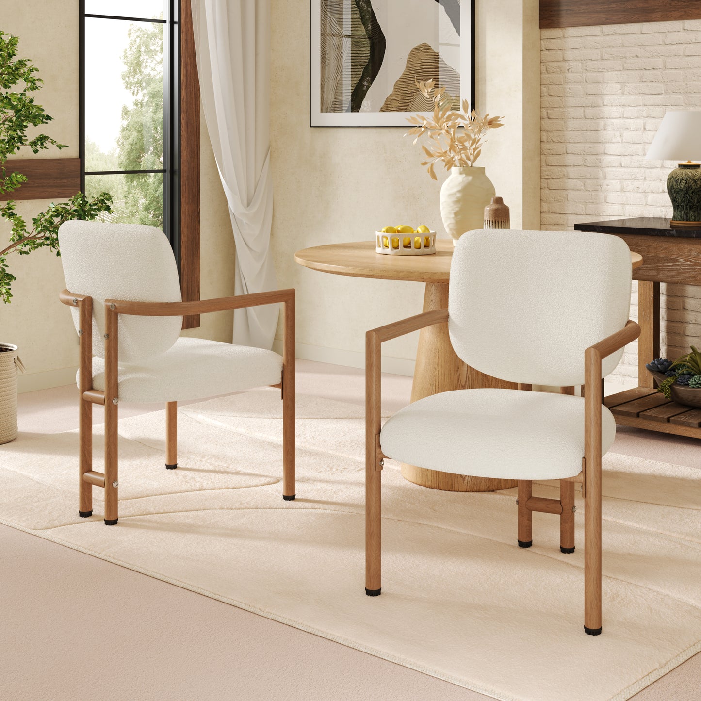 Set Of 6, Metal Chairs, Dining Chairs, Suitable For Homes, Restaurants, Living Rooms, And Cafes, Boucle, Natural Wood Color