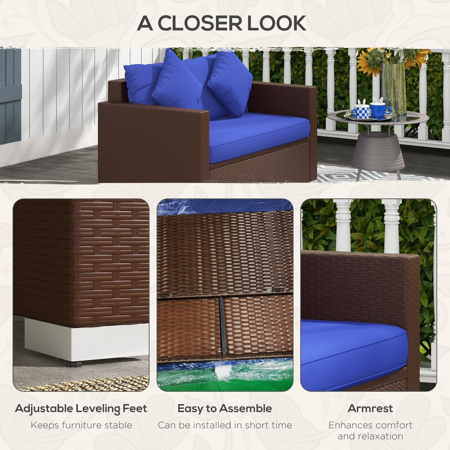 Wicker Loveseat, Patio Furniture Couch with Cushions, 2 Seat PE Rattan Sofa, 2 Throw Pillows, Blue