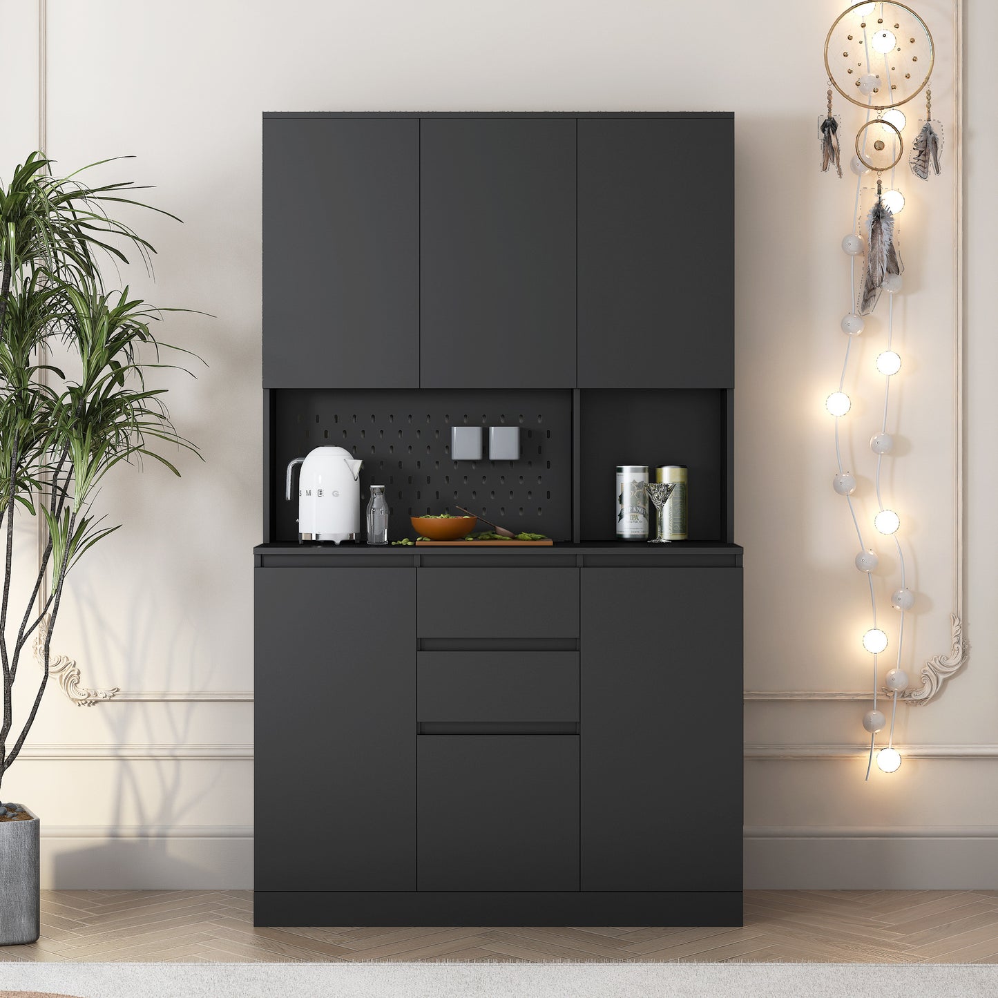 Freestanding Kitchen Pantry Cabinet Cupboard With 6 Doors,3 Shelves And 2 Drawer,Versatile Wardrobe & Kitchen Cabinet,Craft Storage Cabinet,Laundry Room Storage For Kitchen Black