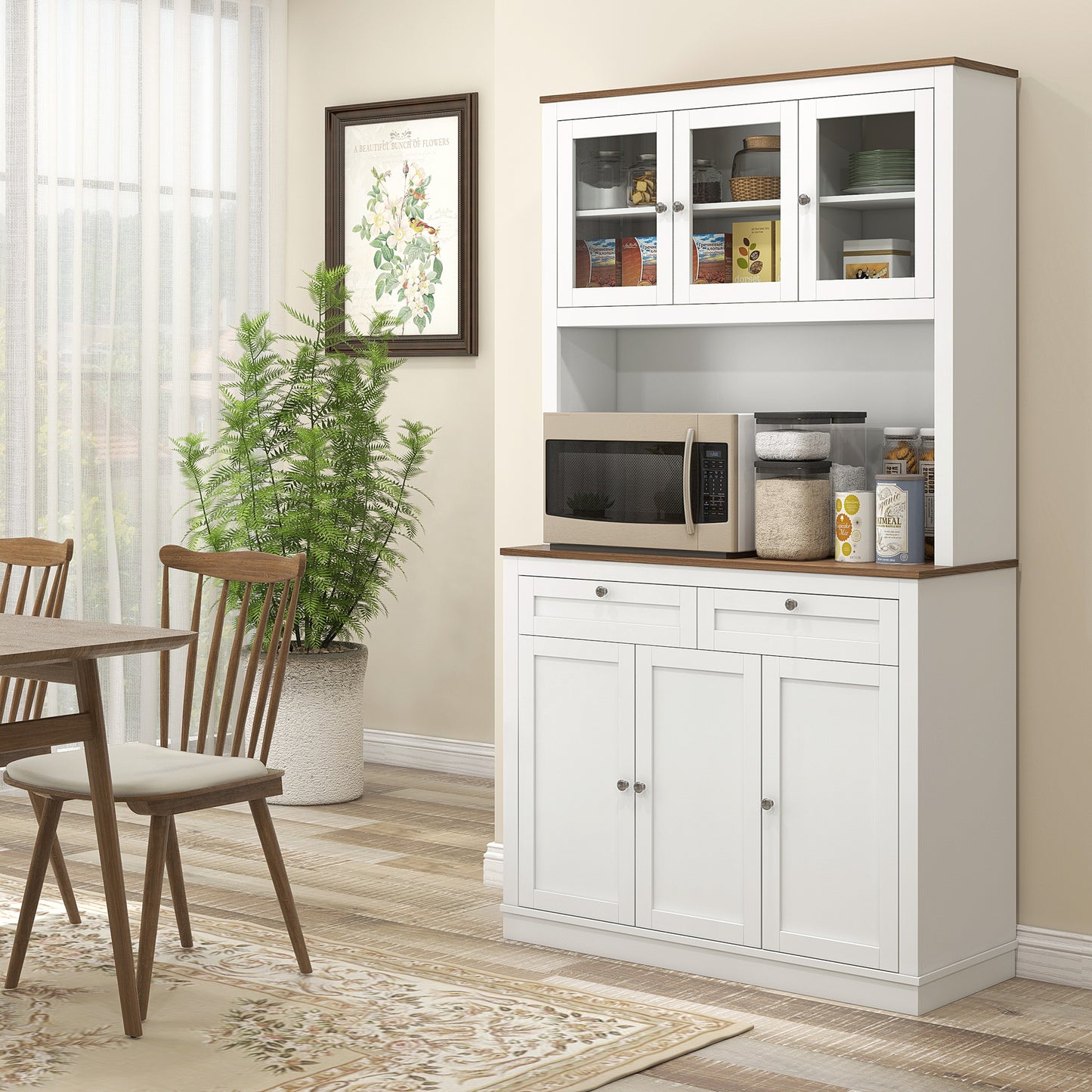 71" Kitchen Pantry Cabinet with Microwave Stand, Kitchen Hutch with 2 Drawers and Adjustable Shelves, White
