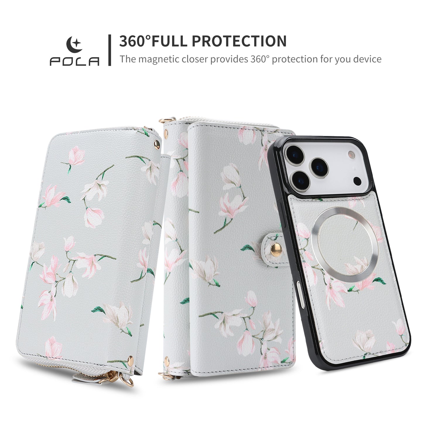 Crossbody Wallet Case For Phone 17 Pro Max 6.9 Inch Magnetic Detachable Floral PU Leather Phone Case With RFID Blocking Card Holder Wristlet Mirror Flip Zipper Shoulder Purse For Women