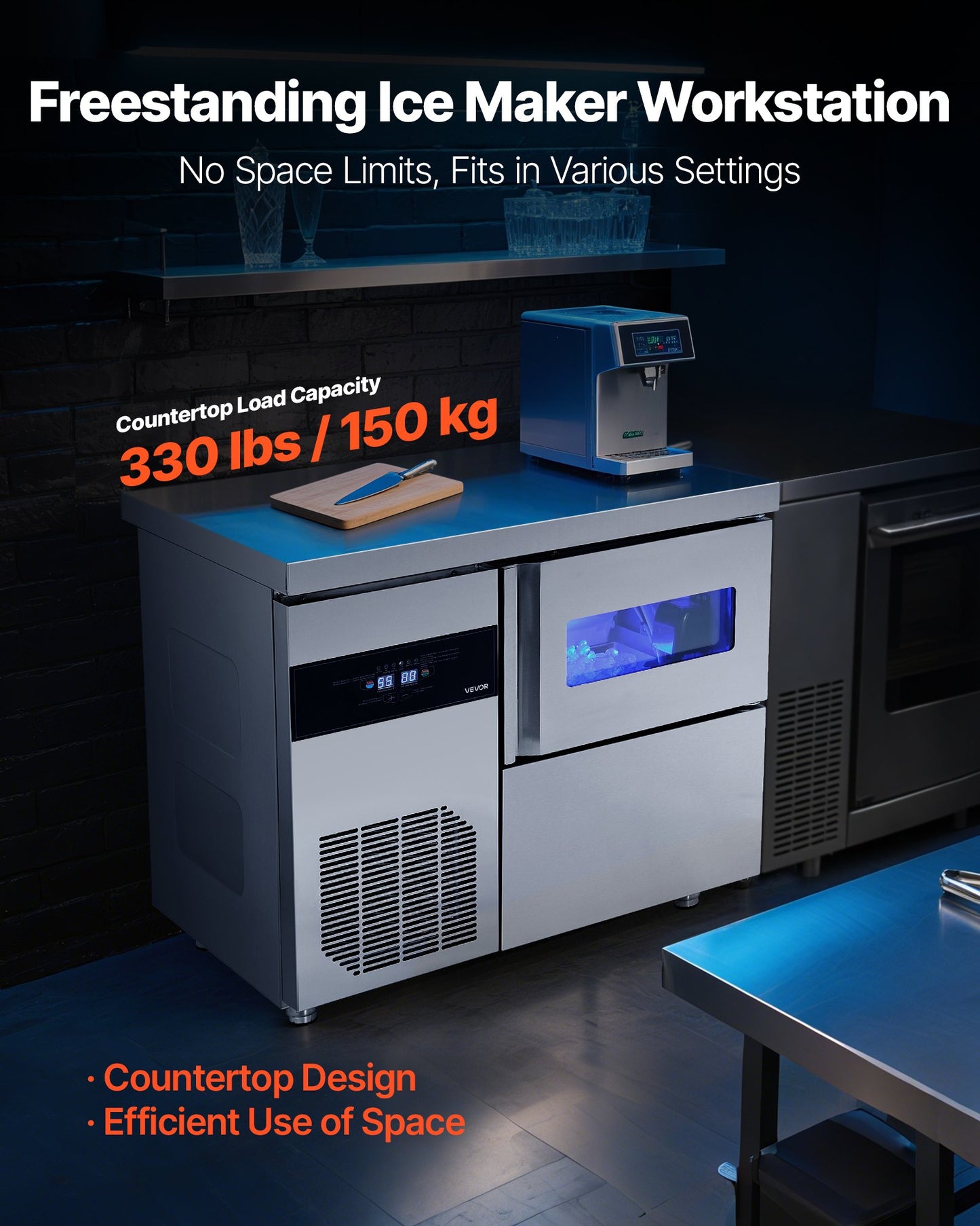Commercial Ice Maker Machine, 132 Lbs/24H Stainless Steel Ice Machine With Worktop, 30 Lbs Storage & 70 Cubes/Cycle, Self-Cleaning Freestanding Ice-Making For Home Bar Office Restaurant Kitchen