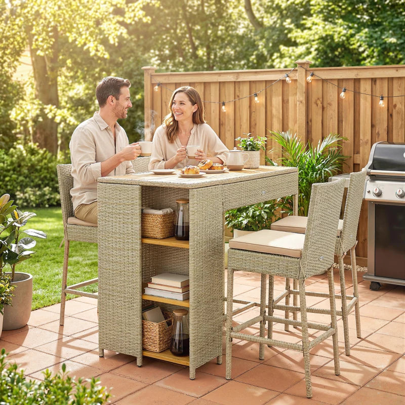 5 Piece Wicker Outdoor Bar Set, Acacia Wood Outdoor High Top Table And Chairs With 3 Tier Shelves, Cushions, Brown