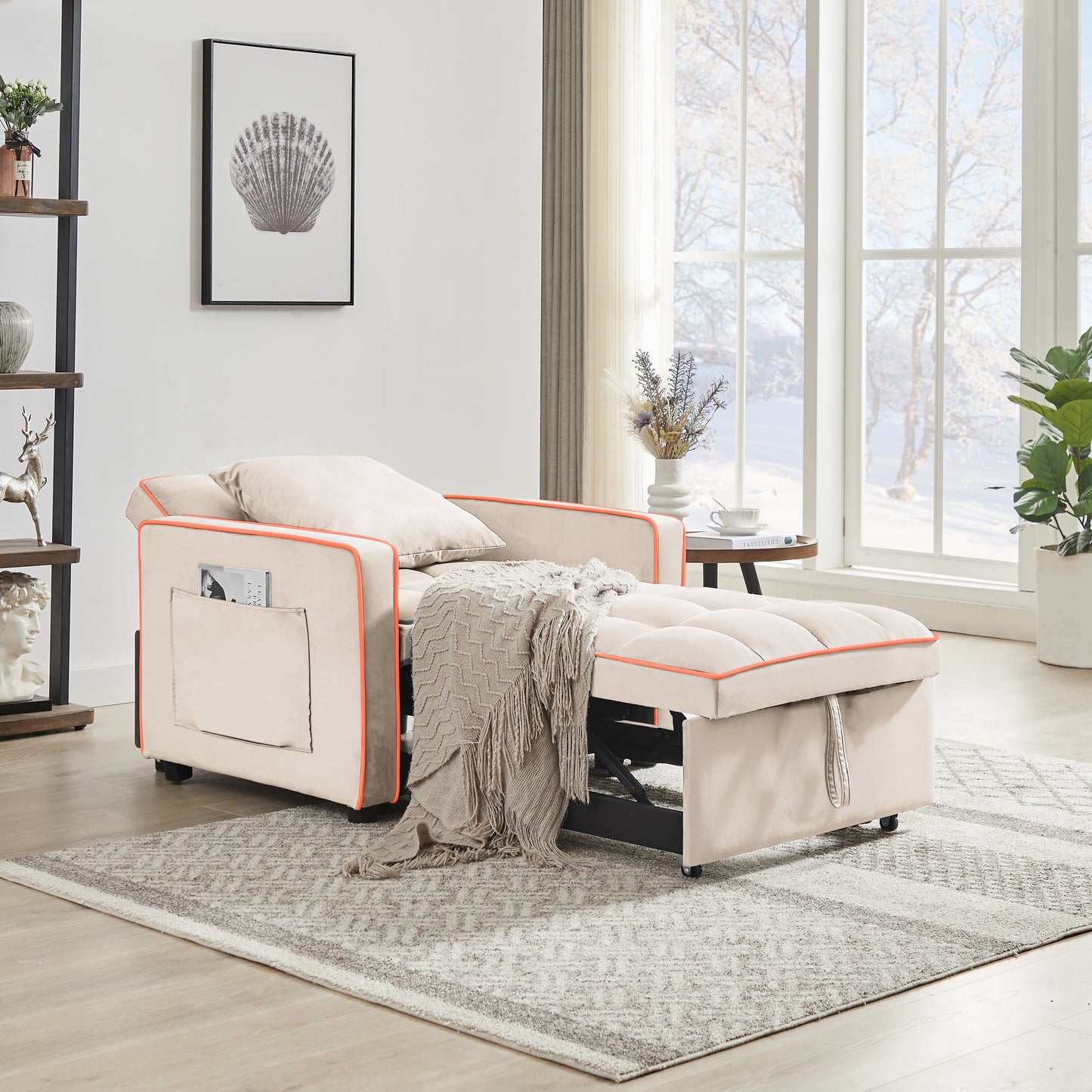 Three-in-one Sofa Bed Chair Folding Sofa Bed Adjustable Back Into A Sofa Recliner Single Bed  Modern Chair Bed Berth Creamy White