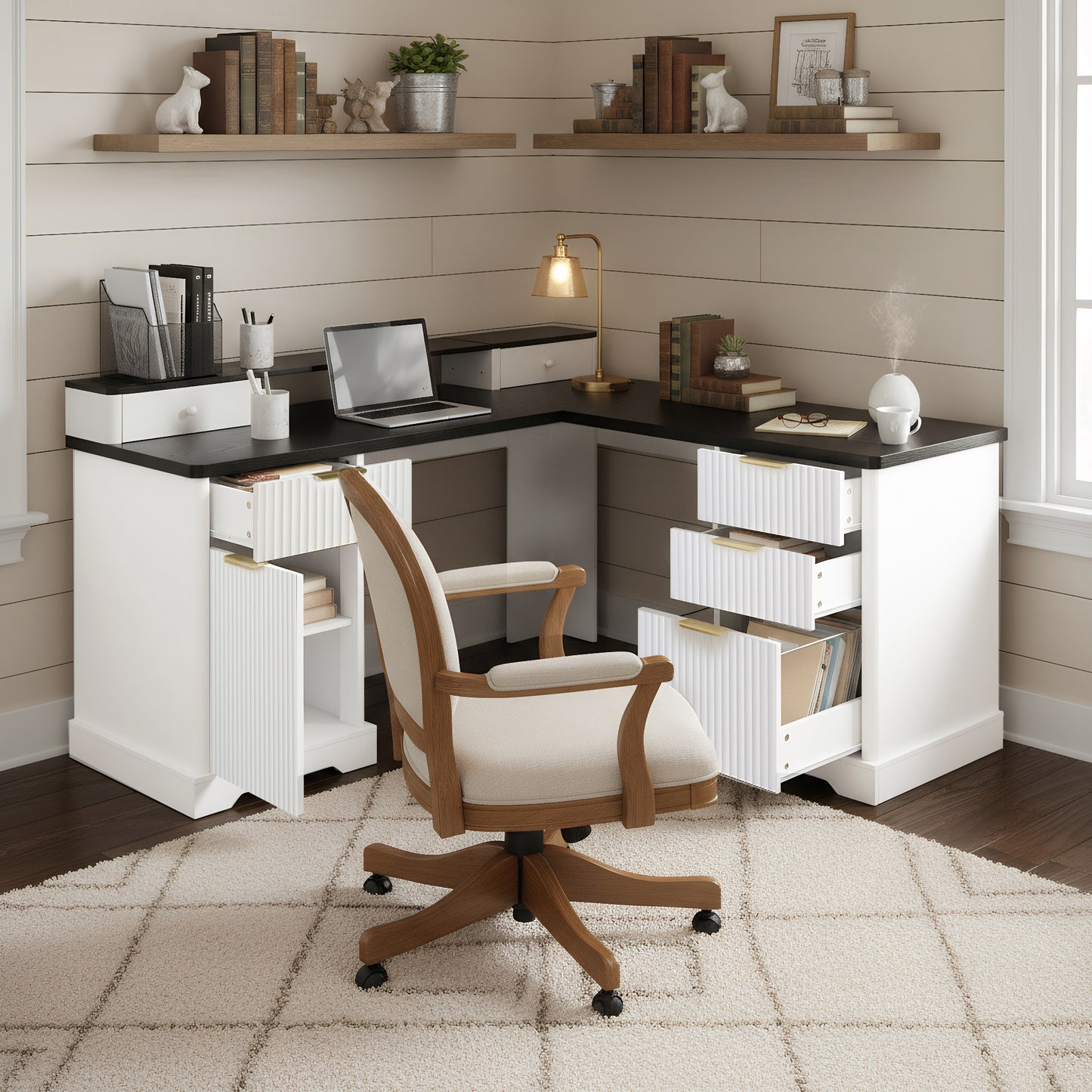 59 Modern Fluted L-Shaped Desk With Charging Station  Storage Cabinet - Home Office Computer Desk With Monitor Stand, File Drawer And Removable Support Shelf For Study, Home Office, White