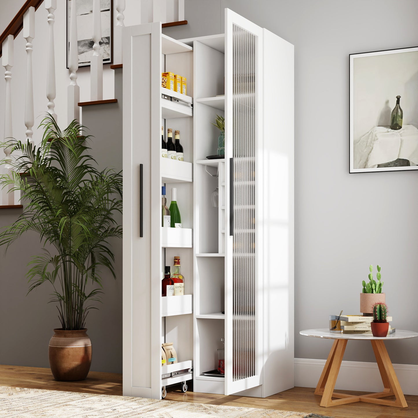 Kitchen Pantry Cabinet With Multi-functional Pull-out Multi-tier Storage Shelf,Farmhouse Storage Cabinet With Glass Doors,Pantry Organizers For Kitchen, Bar Cabinet,Dining Room