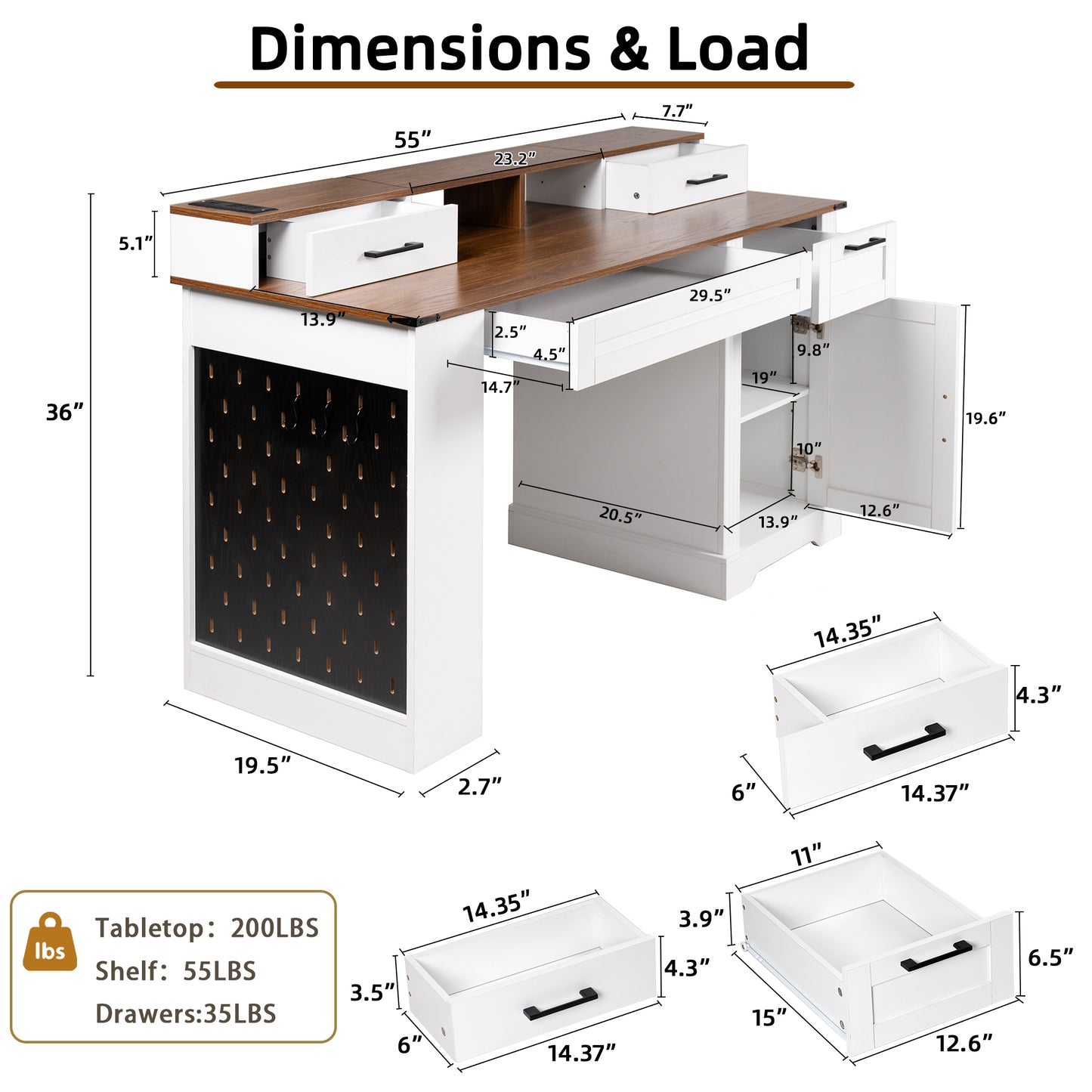 55 Farmhouse Office Desk With Storage Cabinet  Charging Station, Barn Door Design Computer Writing Desk With Keyboard Tray, Monitor Stand And Pegboard For Study, Living Room, Home Office, White