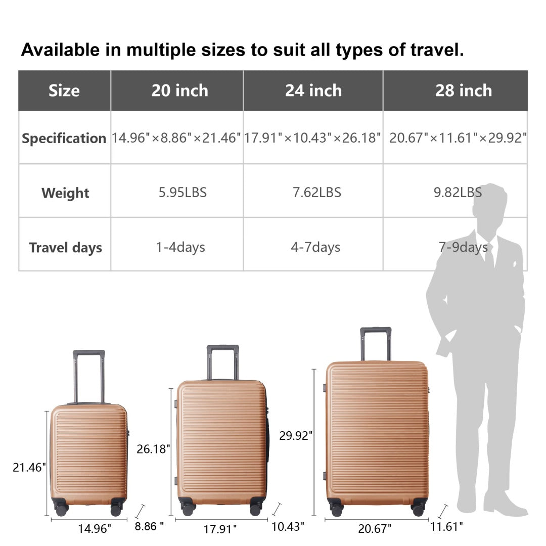 Luggage Sets ABS Hardshell 3pcs Luggage, Lightweight Durable Suitcase Sets Spinner Wheels Suitcase With TSA Lock 20''24''28'' Available Brown
