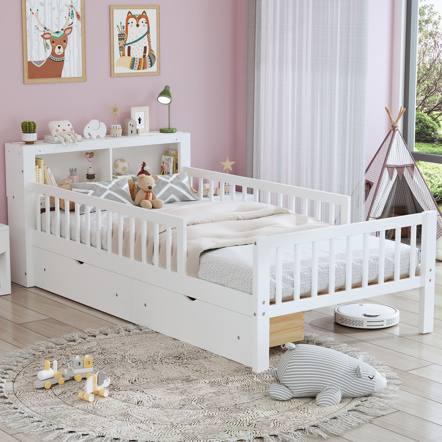 Twin Size Bed With Headboard Storage Rack, Two Under-Bed Drawers, Three-Side Guardrails For Safety And Security,White
