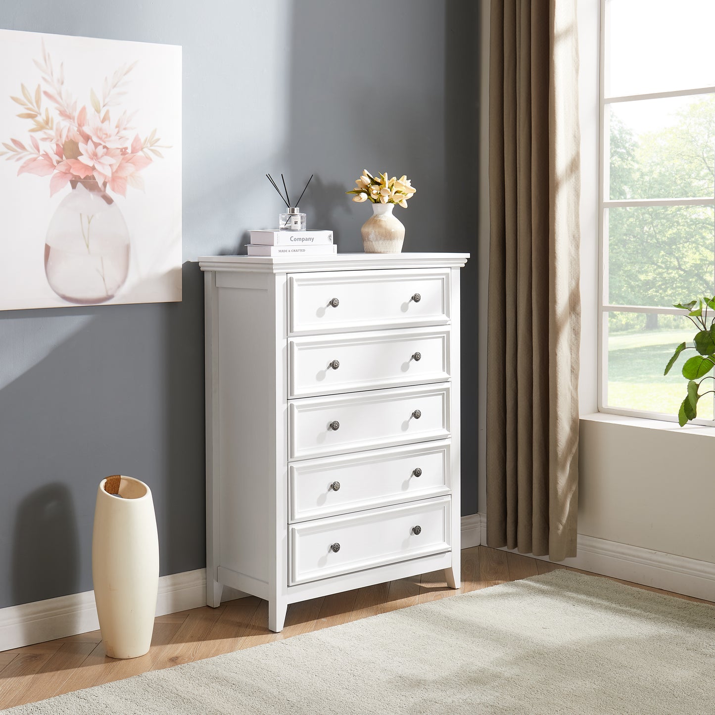 Modern 5 Drawers Dresser 5 Drawers Cabinet,Chest Of Drawers Closet Organizers And Storage Clothes Storage Drawers Cabinet For Living Room, Farmhouse Dresser Organizer WHITE
