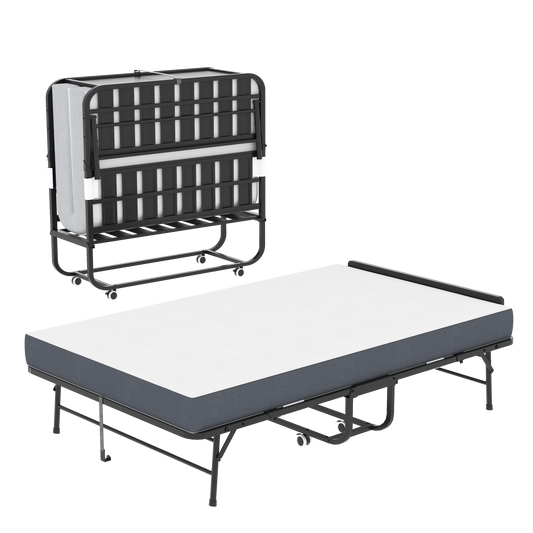 75 X46  Wide Folding Bed With Adjustable Headboard, Extra Long Rollaway Bed For Tall People, 5  Memory Foam Mattress, Heavy-Duty Guest Bed On Wheels, Spacious Twin Cot