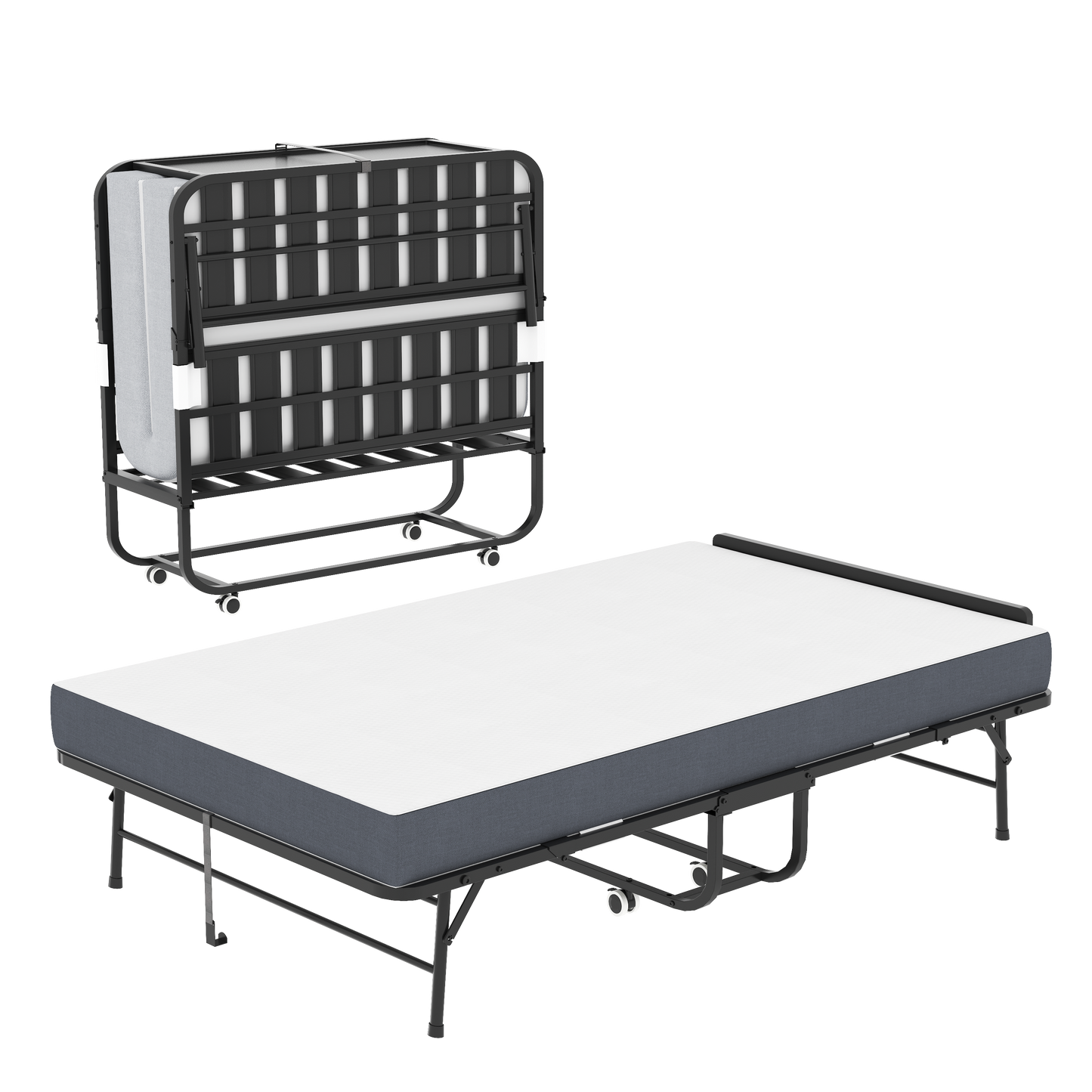 75 X46  Wide Folding Bed With Adjustable Headboard, Extra Long Rollaway Bed For Tall People, 5  Memory Foam Mattress, Heavy-Duty Guest Bed On Wheels, Spacious Twin Cot