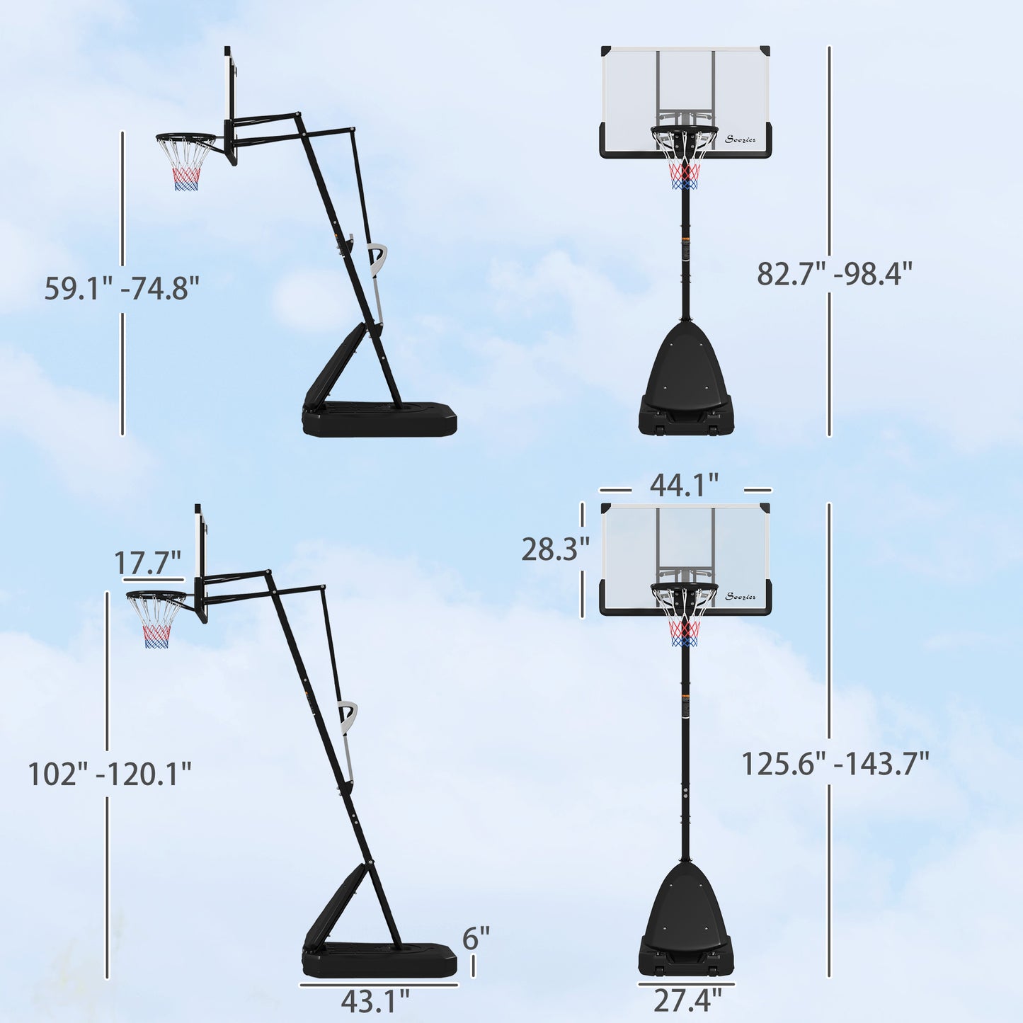 4.9-10' Basketball Stand, Freestanding Basketball System With 44" Shatterproof Backboard, Rebound System And Wheels