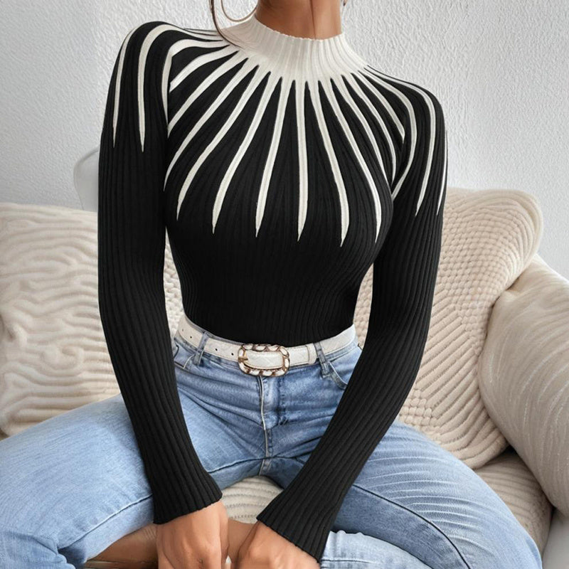 Womens Slim Fit Mock Neck Sweater, Ribbed Striped Long Sleeve Knit For Fall Winter