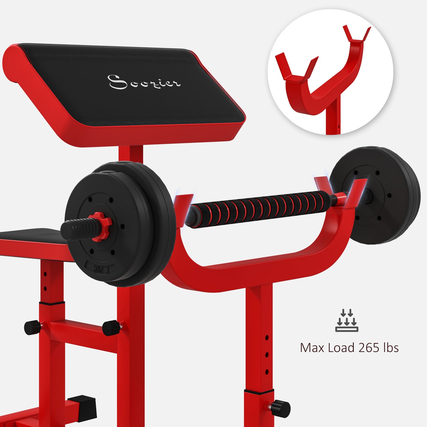 265 LBS Preacher Curl Bench for Strength Training, Adjustable Seated Arm Isolated Barbell Dumbbell Bicep Station, Red