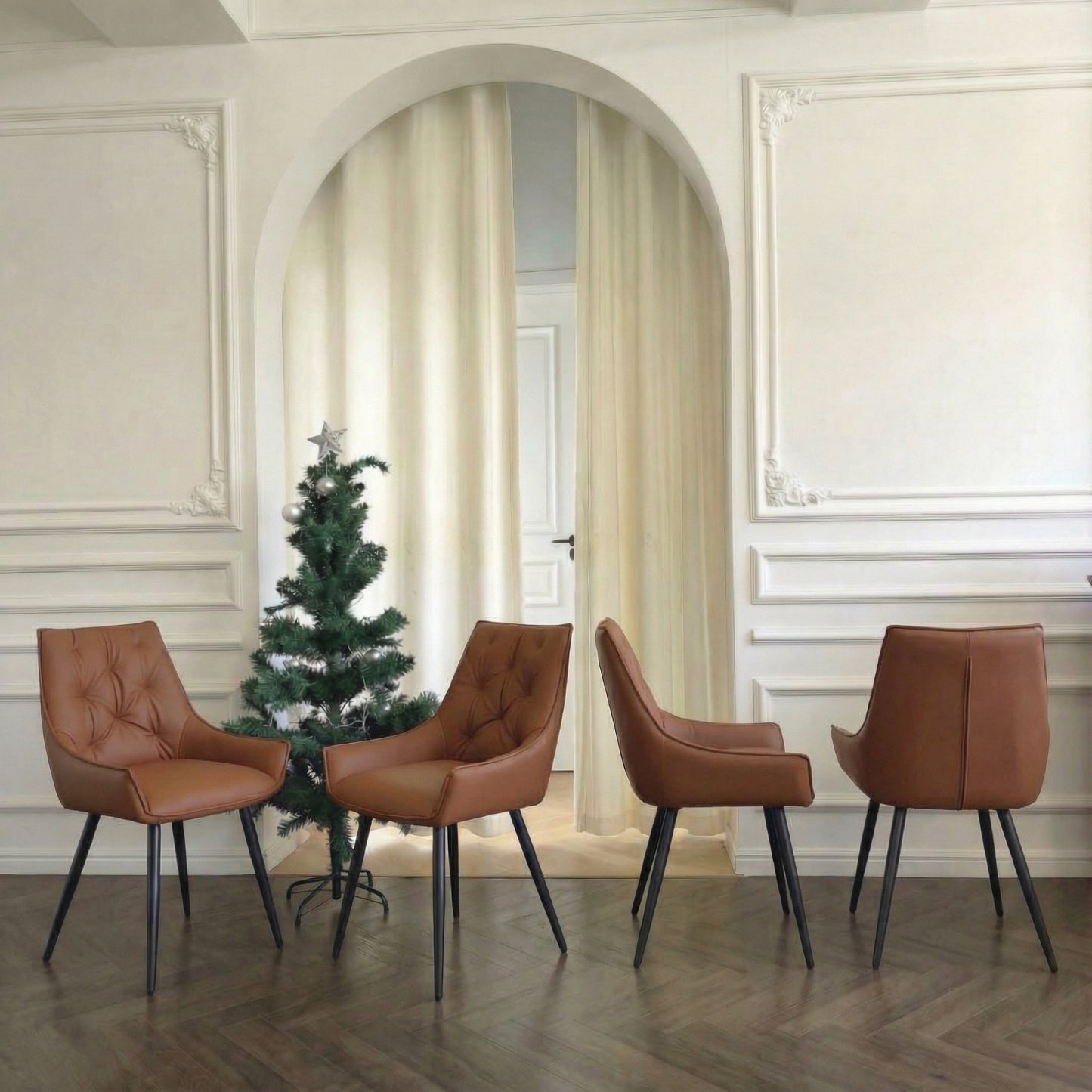 Dining Chairs Set Of 4, Camel Faux Leather Dining Room Chair, Metal Kitchen Chairs With Gold Mesh Texture And Black Sanded Legs, Flat Back Upholstered Chair  Camel, Set Of 4