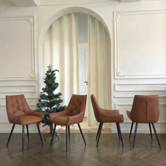 Dining Chairs Set Of 4, Camel Faux Leather Dining Room Chair, Metal Kitchen Chairs With Gold Mesh Texture And Black Sanded Legs, Flat Back Upholstered Chair  Camel, Set Of 4