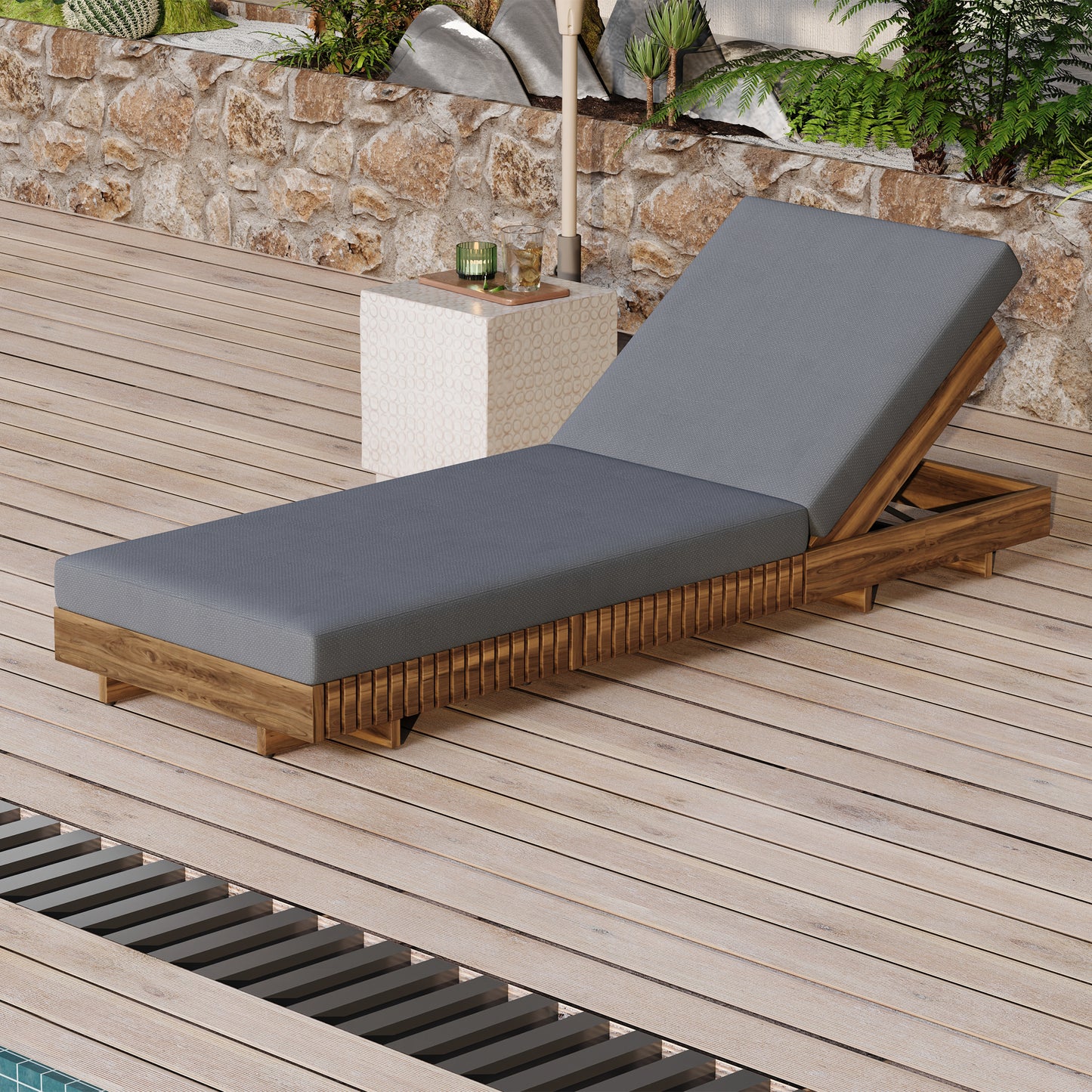 Outdoor Chaise Lounge Chair With 6-Position Adjustable Backrest,Acacia Solid Wood,TEAK COLOR  Only LOUGNE FRAME, Not Include Cushion