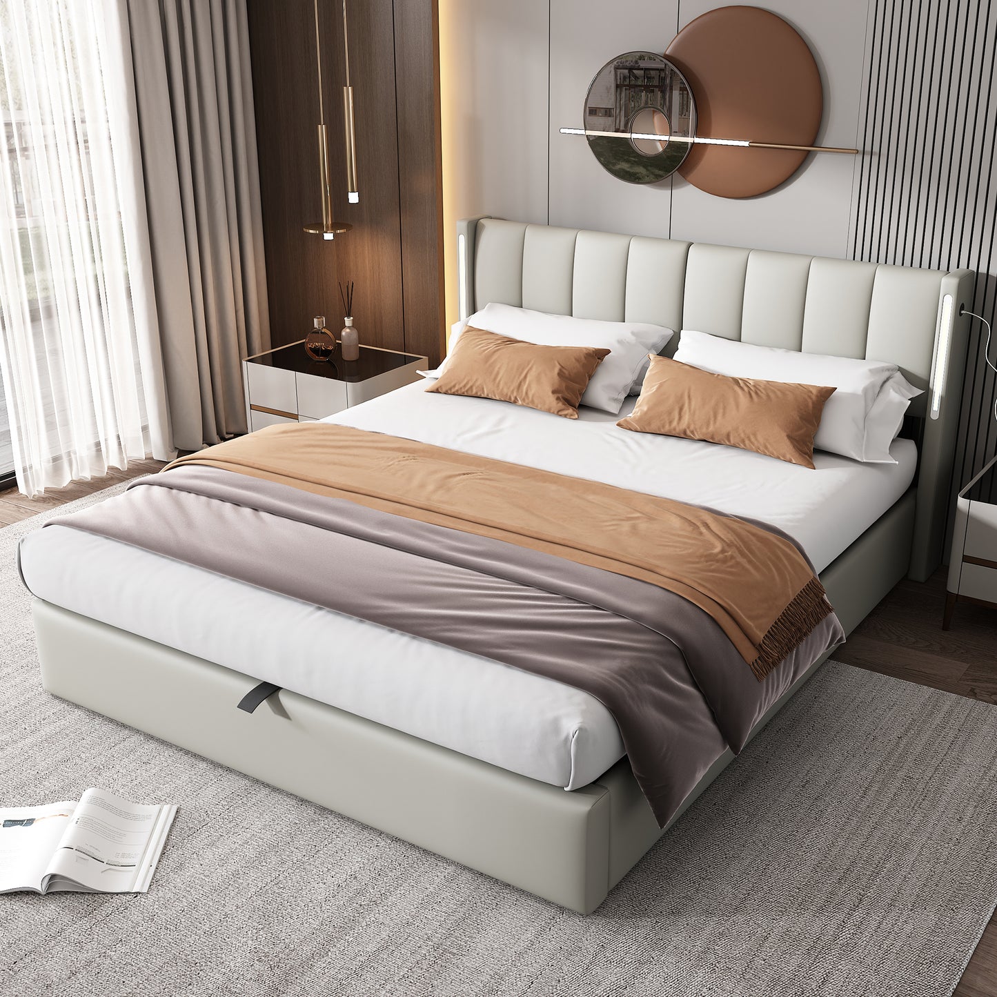 LED Upholstered Bed ,King Size Bed-5ft 150X200cm Hydraulic Bed, Rechargeable USB Port In Bed, With LED Lighting, With Storage Space, Adjustable Headboard, PU , Grey