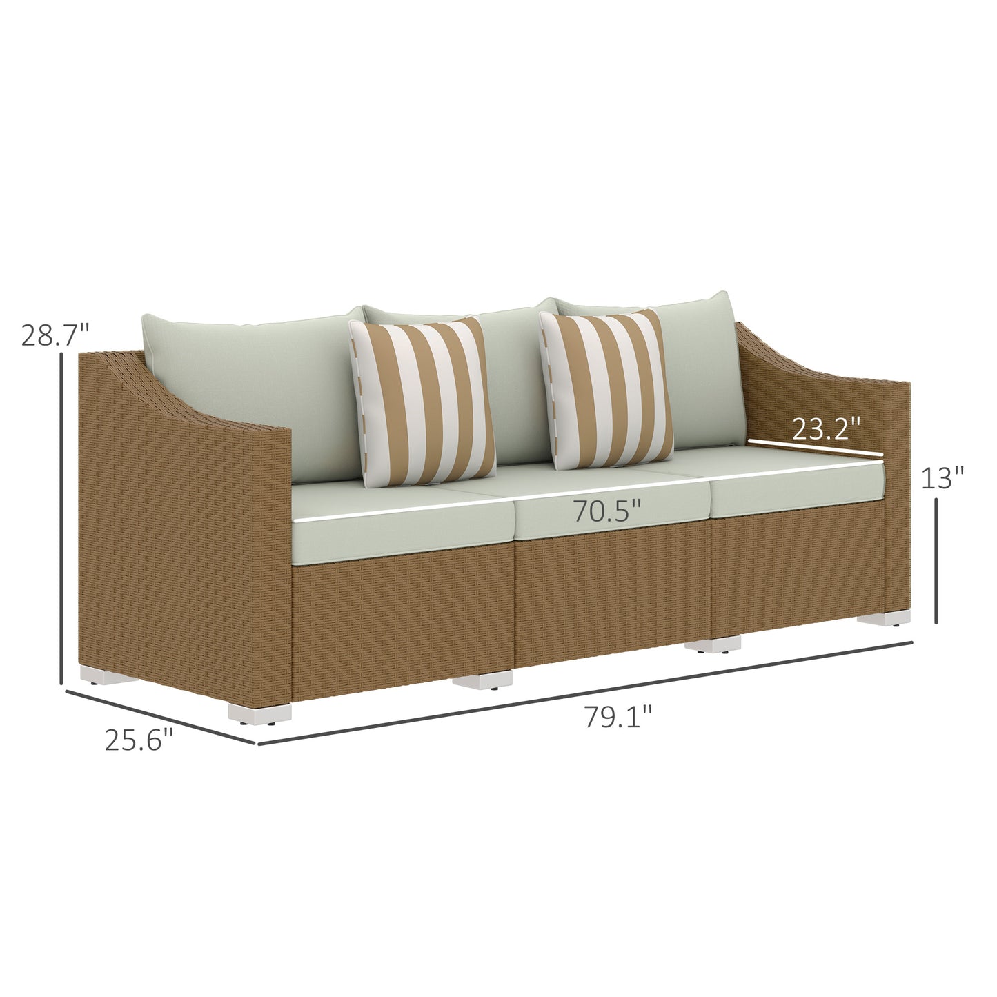 Rattan Wicker 3 Seater Patio Couch With Cushions, 2 Throw Pillows, Outdoor Furniture Rattan Sofa, Light Gray
