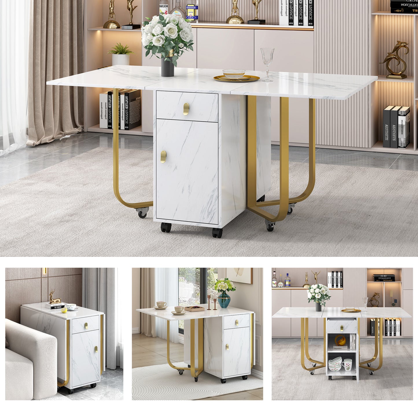 Folding Dining Table 1 Piece With Cupboard And 2 Drawers, Folding Kitchen Utility Table, Space-saving Dining Table With 4 Supporting Legs On Gliders White Gold
