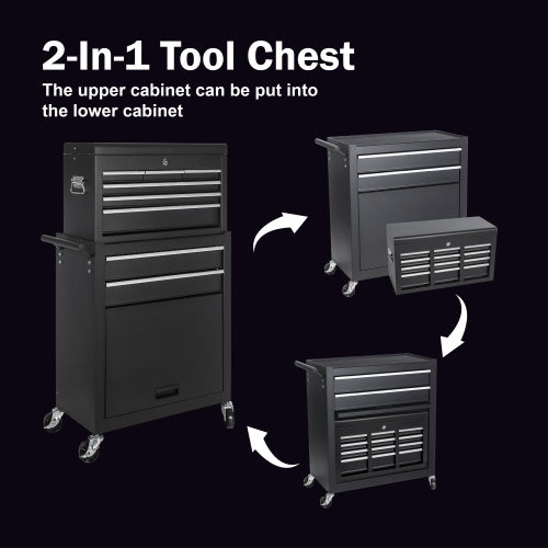 Tool Chest, 8-Drawer Rolling Tool Storage Cabinet With 2 In 1 Detachable Top Tool Box, Liner, Lockable Wheels, Side Hooks,Metal Tool Cart For Garage