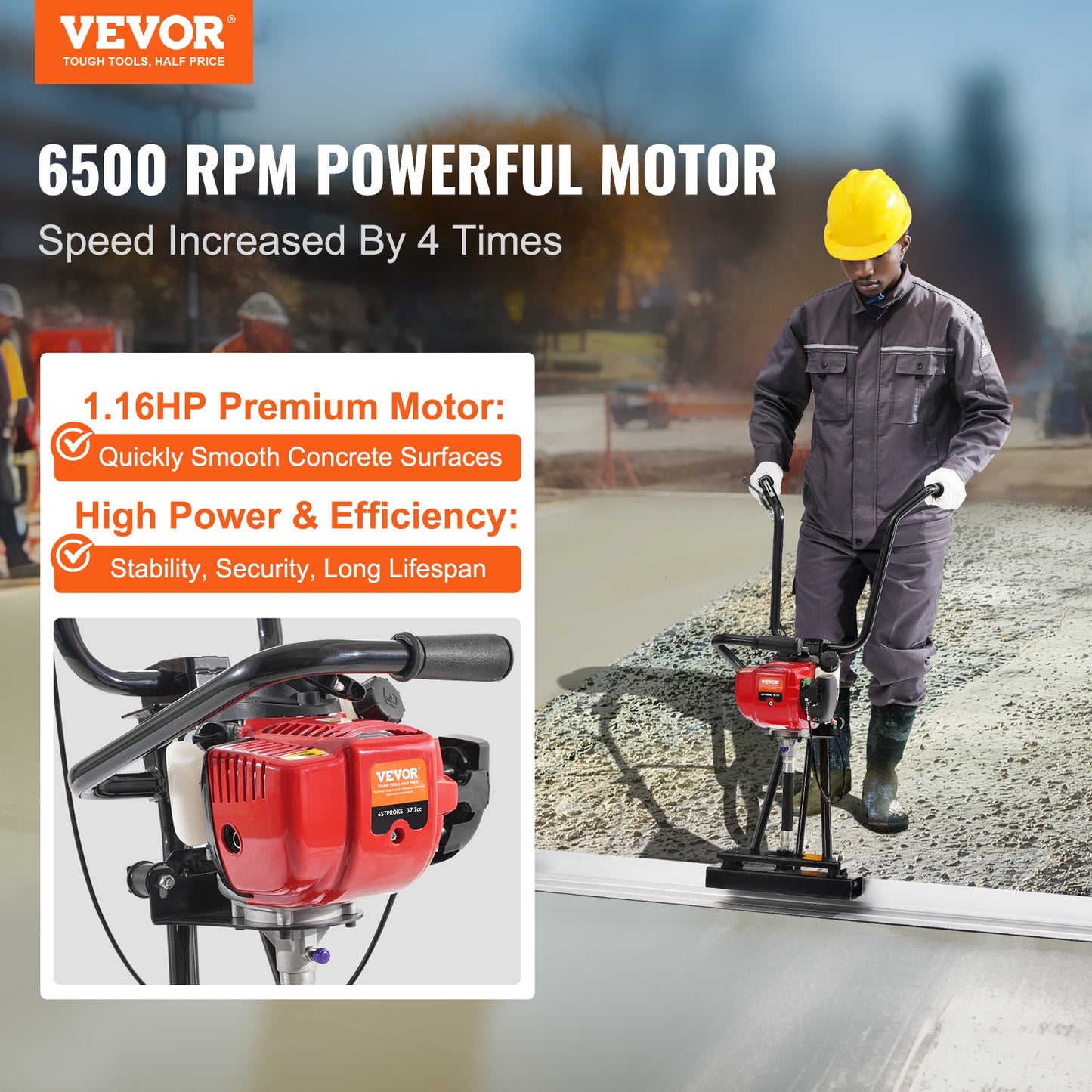 Gas Concrete Power Screed, 6ft Aluminum Board Straight Edge Bar Set, 4 Stroke Cement Finishing Vibrating Motor With Height Adjustable Handles, High Efficient Concrete Tools 6500RPM