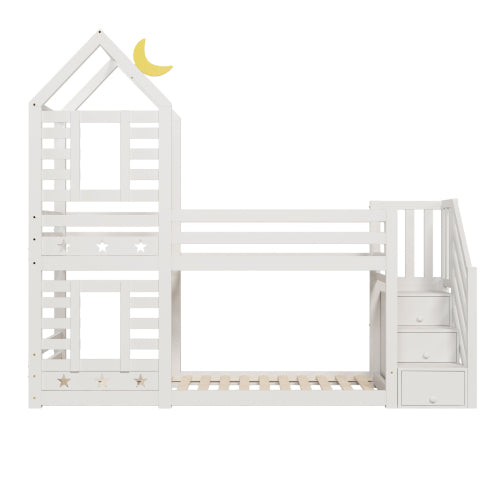 Bunk Bed Storage Children Cabin Bed Single Bed With Window For Kids, Twin Sleeper 190x90 Cm, Solid Pine Wood,3FT -White