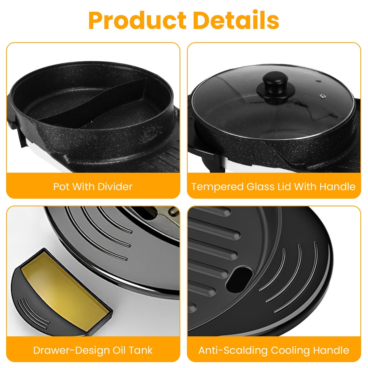 2200W  2 In 1 Electric Hot Pot With BBQ Grill Cooker Smokeless Non-Stick Korean BBQ Grill Shabu Shabu Hot Pot With Independent Temperature Control 5 Gears Firepower For 2-10 People