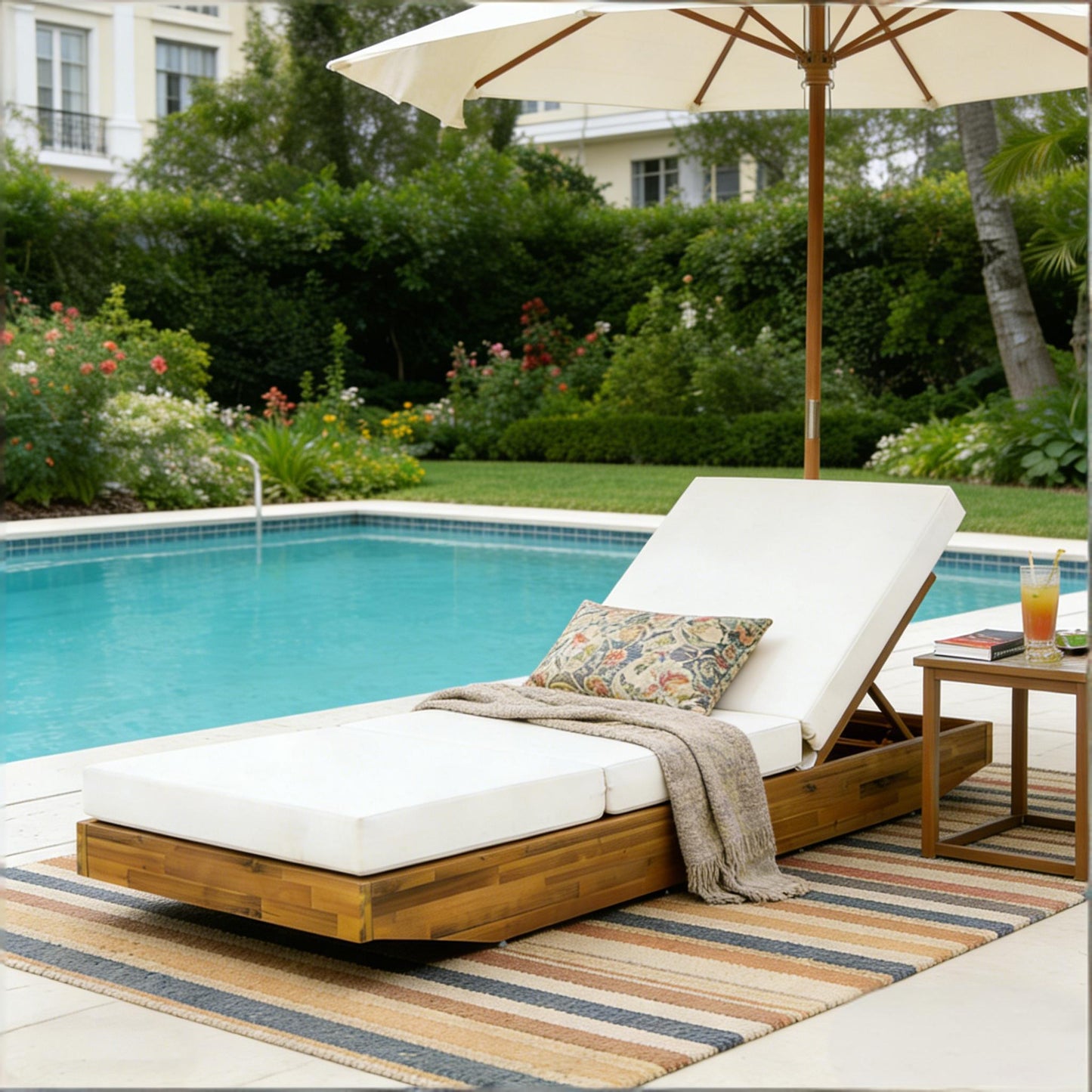 Acacia Wood Chaise Lounge With Cushion - Teak Finish Outdoor Recliner With Cream 3-Fold Water-Repellent Cushion, 300lbs Capacity