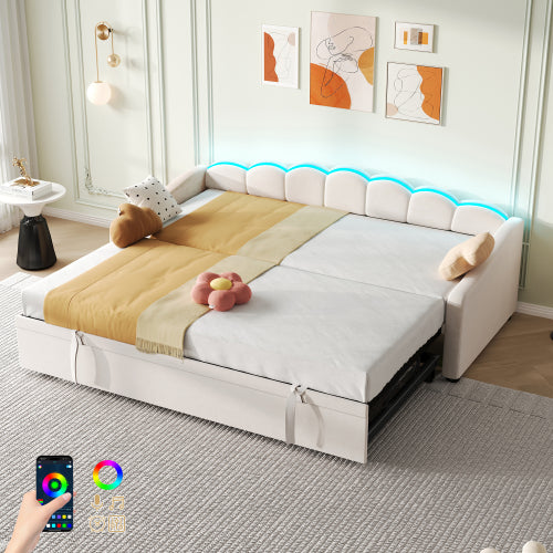 Upholstered Bed 90x190cm, Daybed, Sofa Bed With RGB LED Lighting, 3ft Petal Shape Single Bed With Trundle,Pull Out Trundle Bed For Living Room BedroomStudy Room, Velvet, Beige