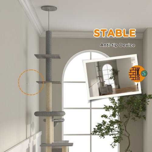 PawHut Cat Tree With Litter Box Enclosure, 2 In 1 Floor To Ceiling Cat Tower Litter Box Furniture With Condo, Bed, Hammock, Scratching Posts, And Platforms For Indoor Use, Gray