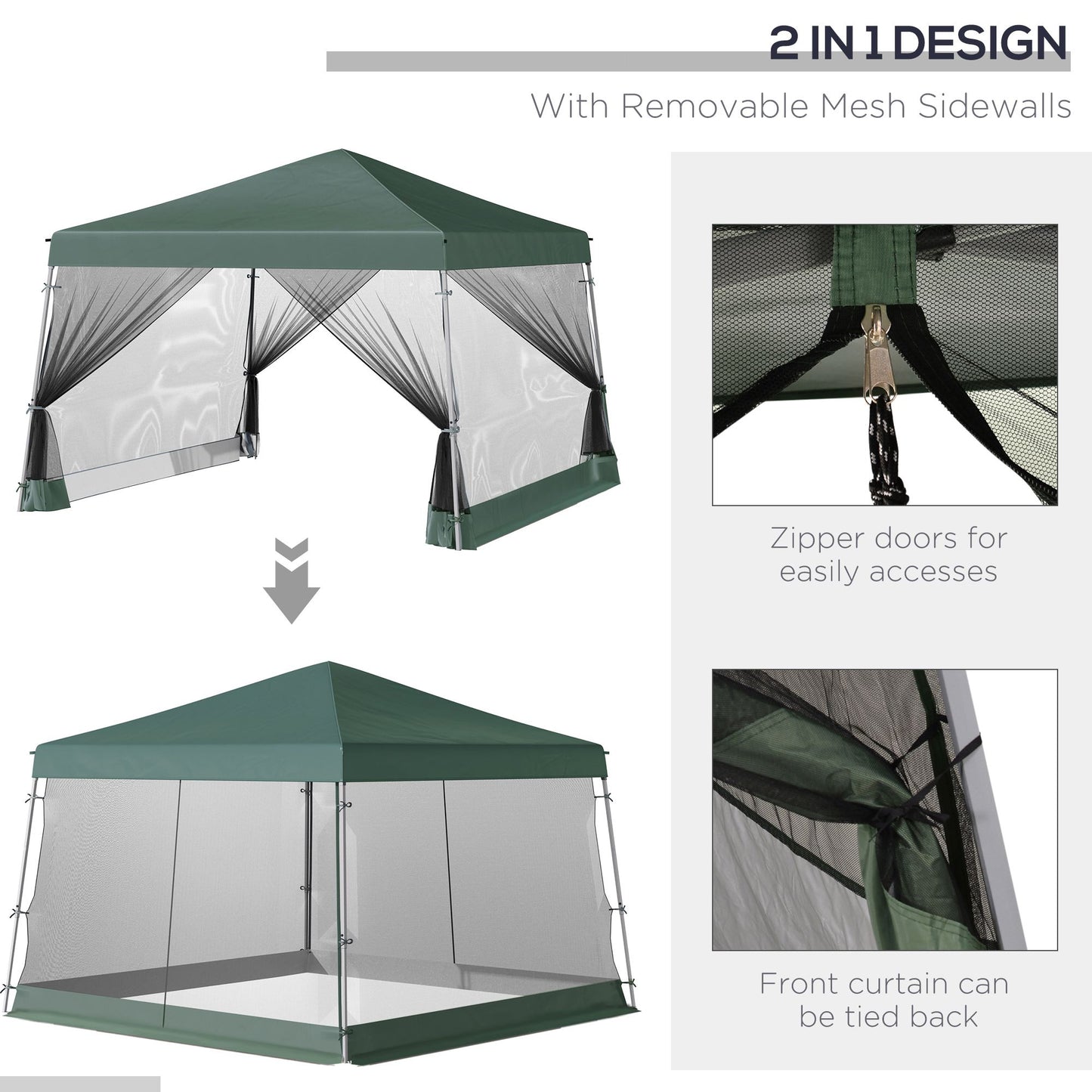 Slant Leg Pop Up Canopy Tent with Netting and Carry Bag, Instant Sun Shelter, Tents for Parties, Height Adjustable, for Outdoor, Garden, Patio, (11.5'x11.5' Base / 10'x10' Top), Green