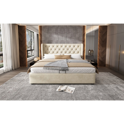 Upholstered Bed, With Hydraulic Lever, Functional Bed From Storage, 135 X 190 Cm, Without Mattress, Velvet, Beige