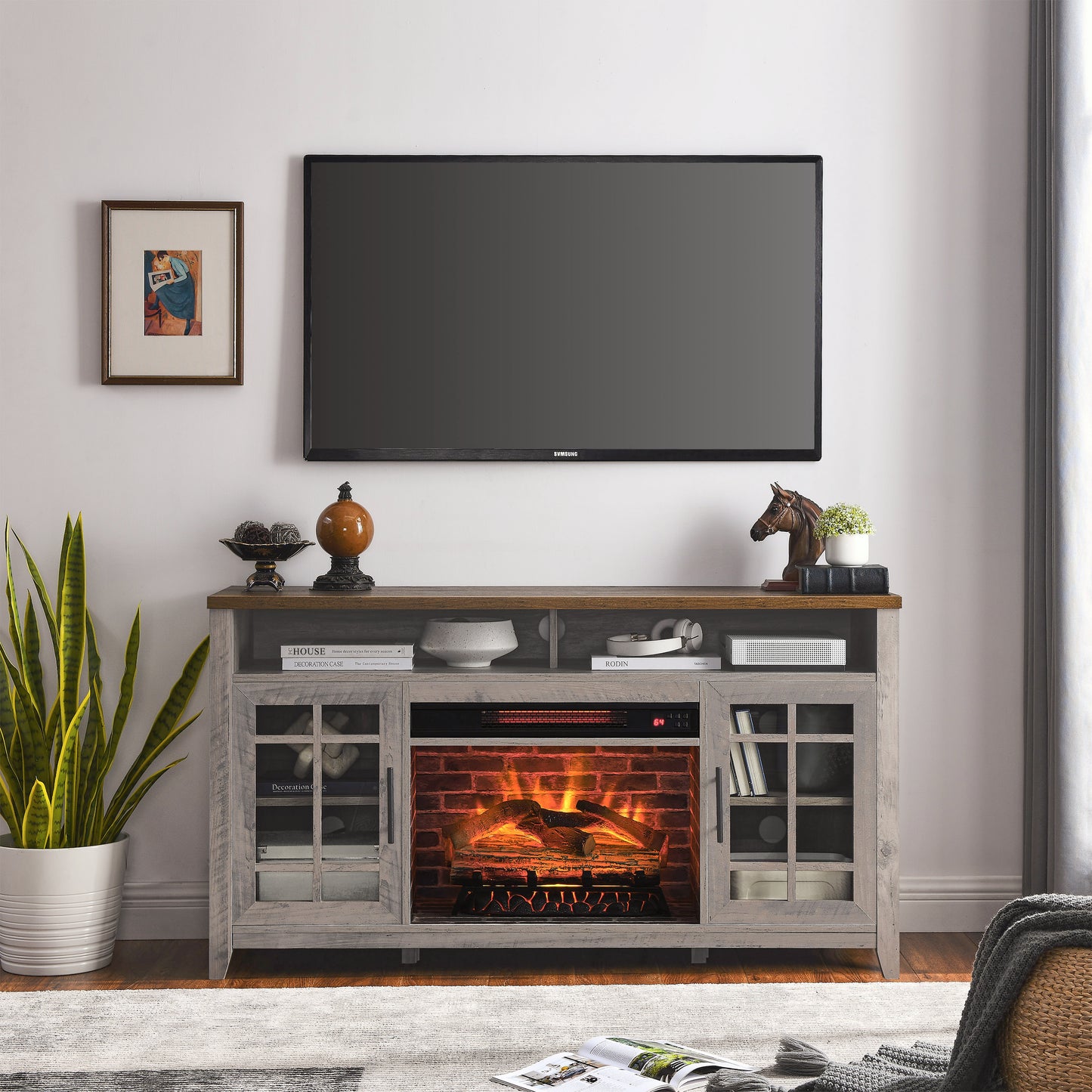 55 Inch TV Media Stand With Electric Fireplace KD Inserts Heater,Gray Wash Color