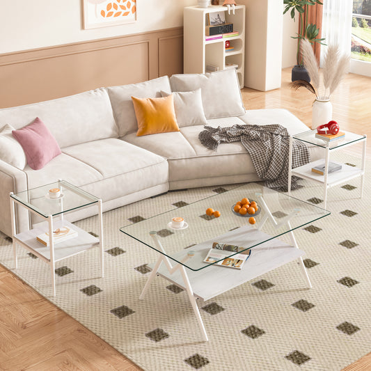 Coffee Table And End Tables Set Of 3, Tempered Glass Table With MDF Layer, Modern Tables For Living Room , Transparent Glass