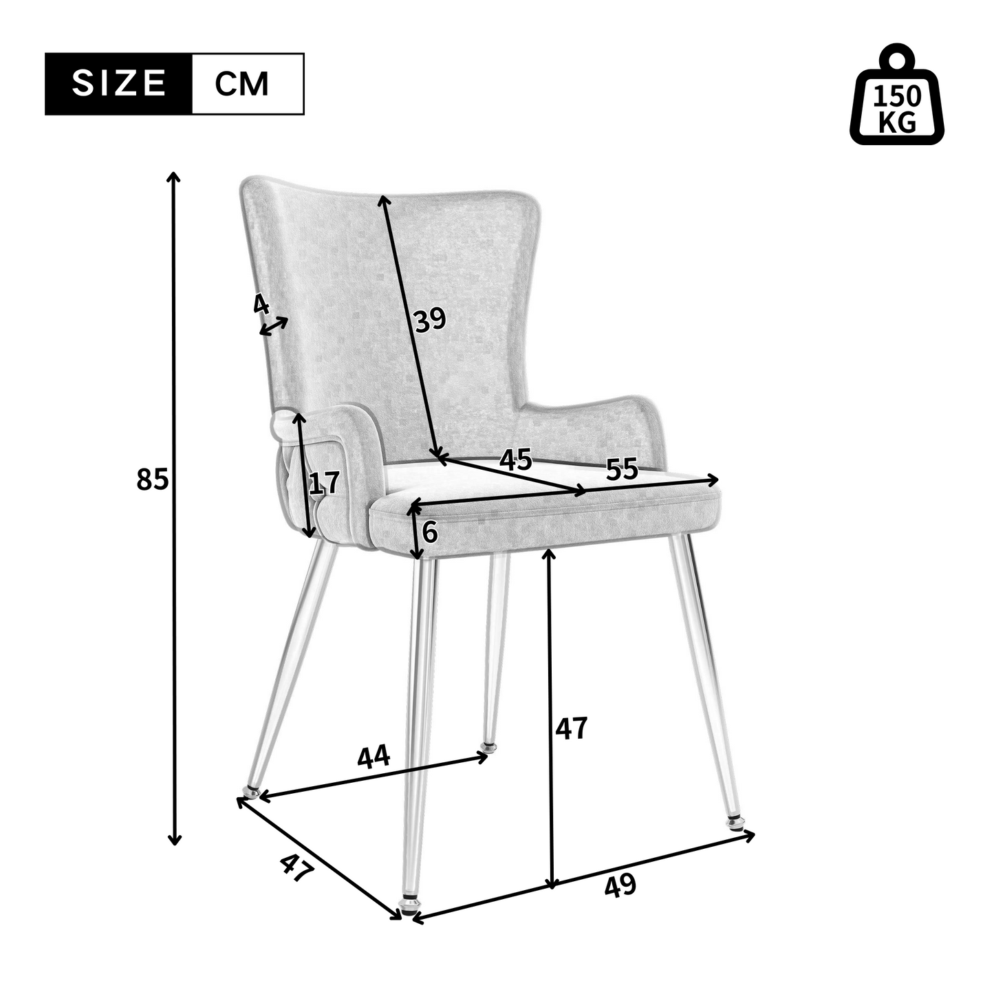 Velvet Dining Chair, Set Of 6, Luxurious Living Room Bedroom Lounge Chair With Four Silver-colored Metal Support Legs, Grey