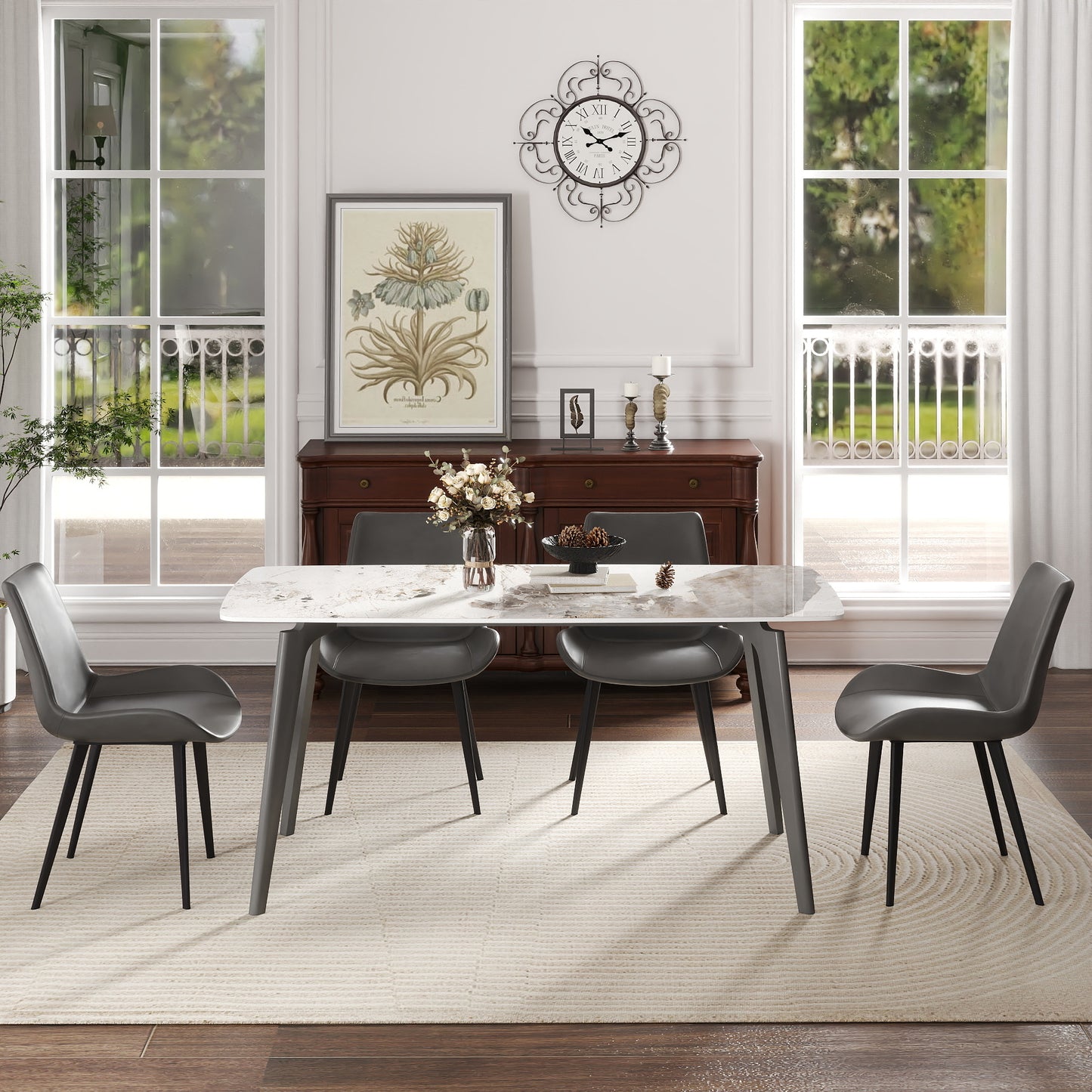 62.99  Modern Artificial Stone White Pandora Curved Edge Dark Grey Metal Leg Dining Table-Can Accommodate 6 People Dining Table Only