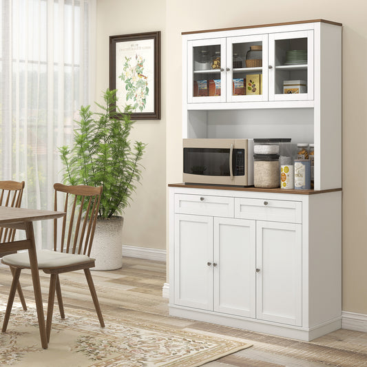 71" Kitchen Pantry Cabinet With Microwave Stand, Kitchen Hutch With 2 Drawers And Adjustable Shelves, White