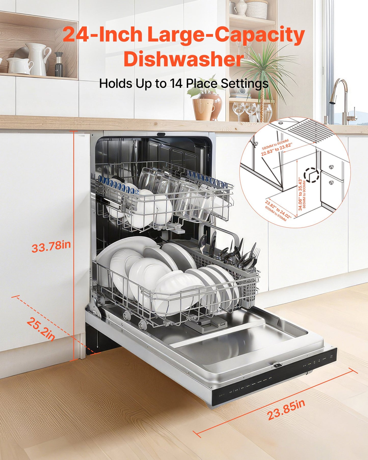 24 Inch Built-In Dishwasher, Stainless Steel Tub, 14 Place Settings And 8 Washing Programs, 23.82 X 25.2 X 33.78 Inch Low-Noise Dishwashing Machine With Upper / Lower Racks And Zoned Storage