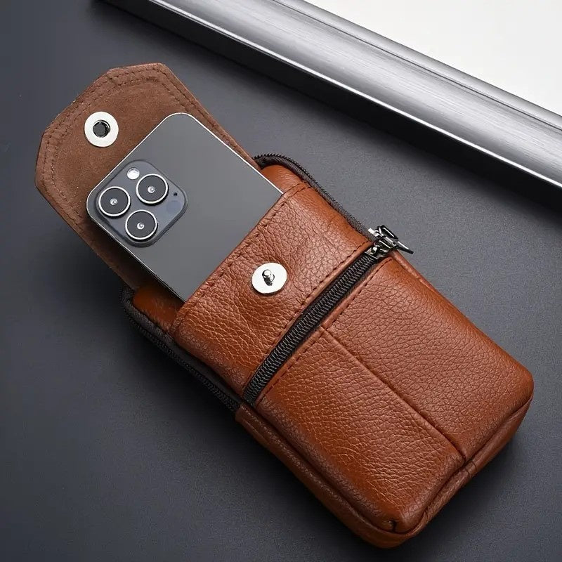 Leather Mobile Phone Shoulder Covers, Men's Belt Bags, Vertical Holster Belt Clip Pockets, Carrying Cases With Card Slots