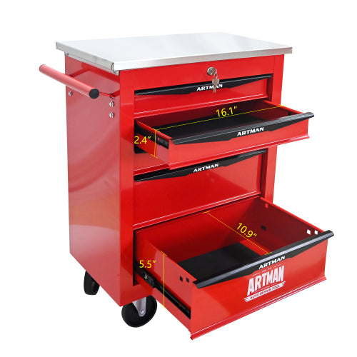 5 Drawers Multifunctional Tool Cart With Wheels,Metal Rolling Tool Cart Storage For Garage Workshop Warehouse Repair Shop--With Stainless Steel Roof--Red  Black