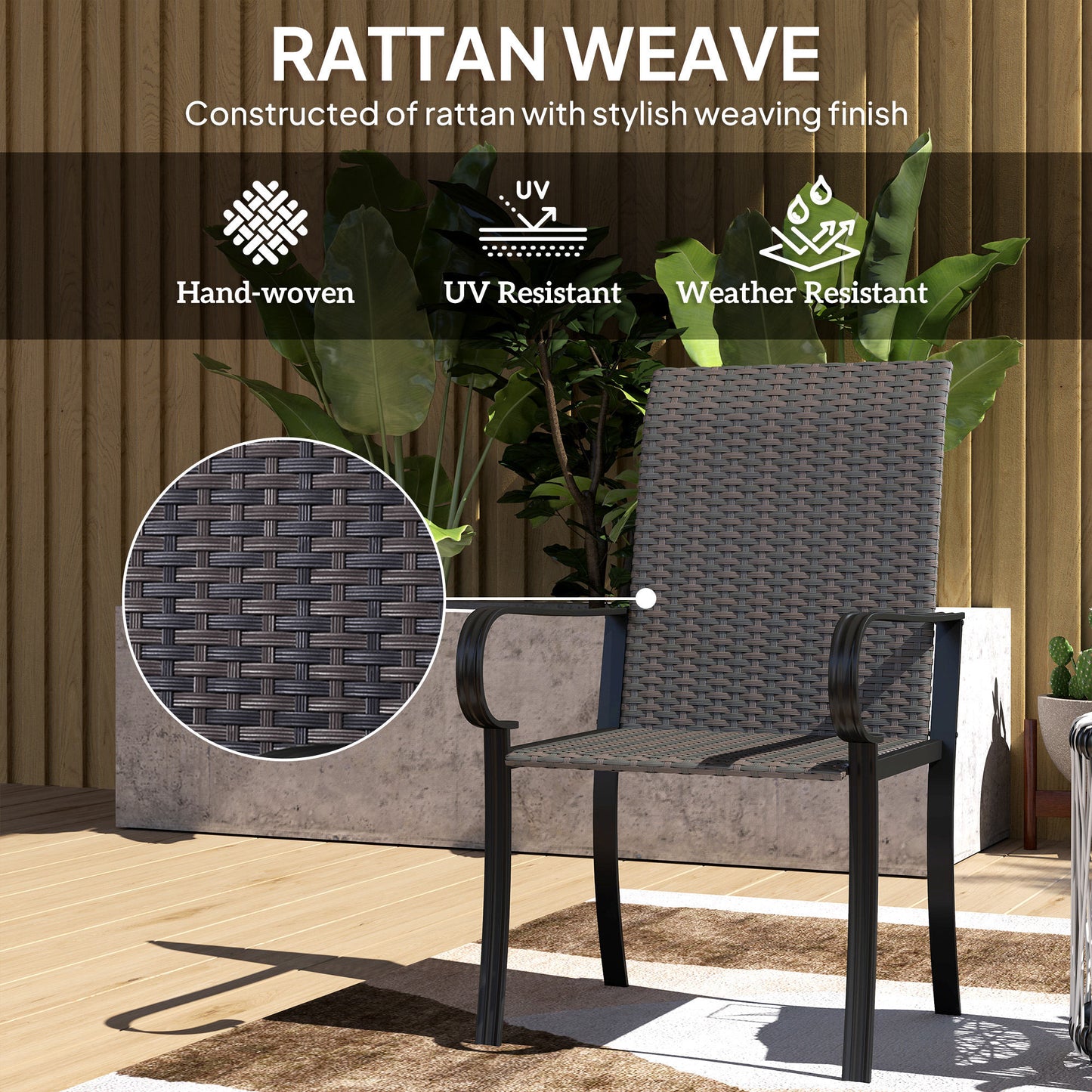 Set Of 4 Outdoor Wicker Dining Chairs With Armrest, Steel Frame, Highback And Deep Seating, Brown