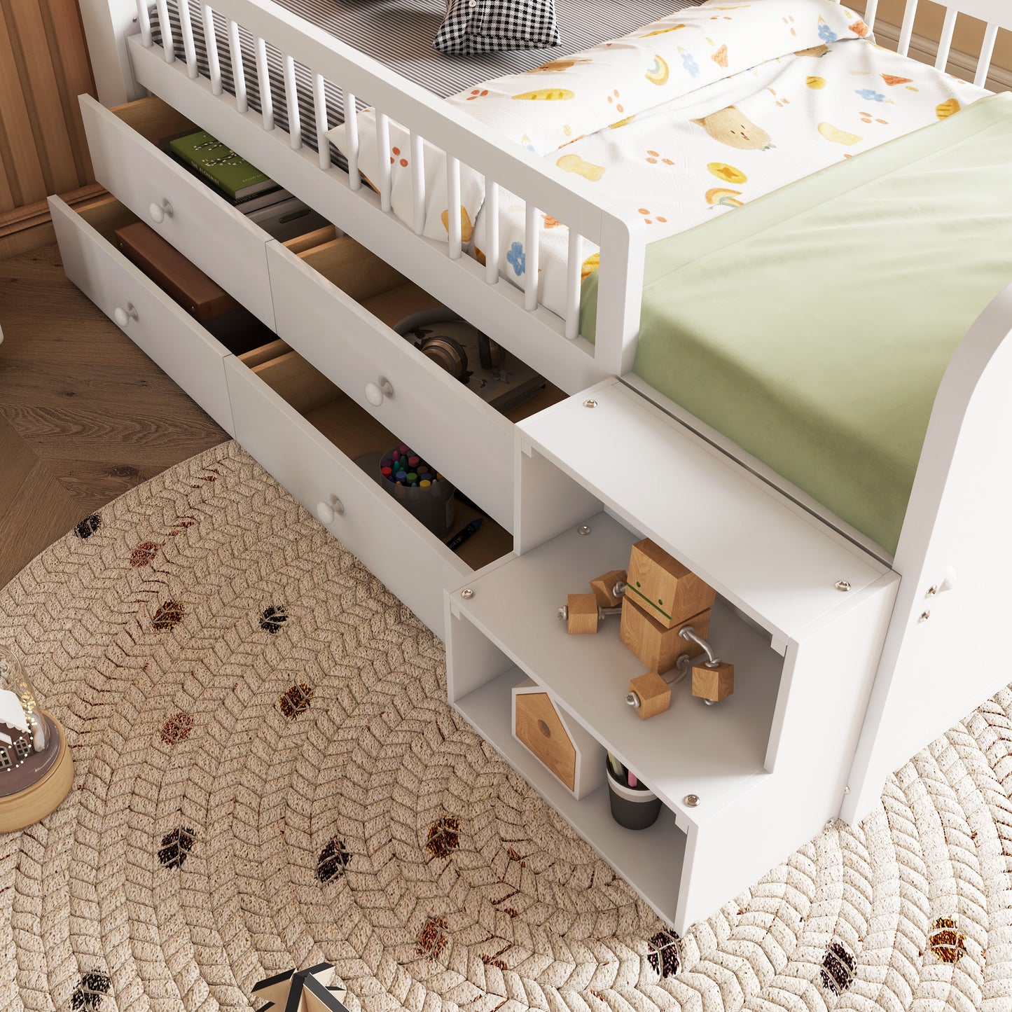 Low Loft Bed With LED Lights, Wooden Twin Loft Bed With House Shape Headboard, Kids Loft Bed With Storage Drawers, White Expect Arrival Date 2025 1 20