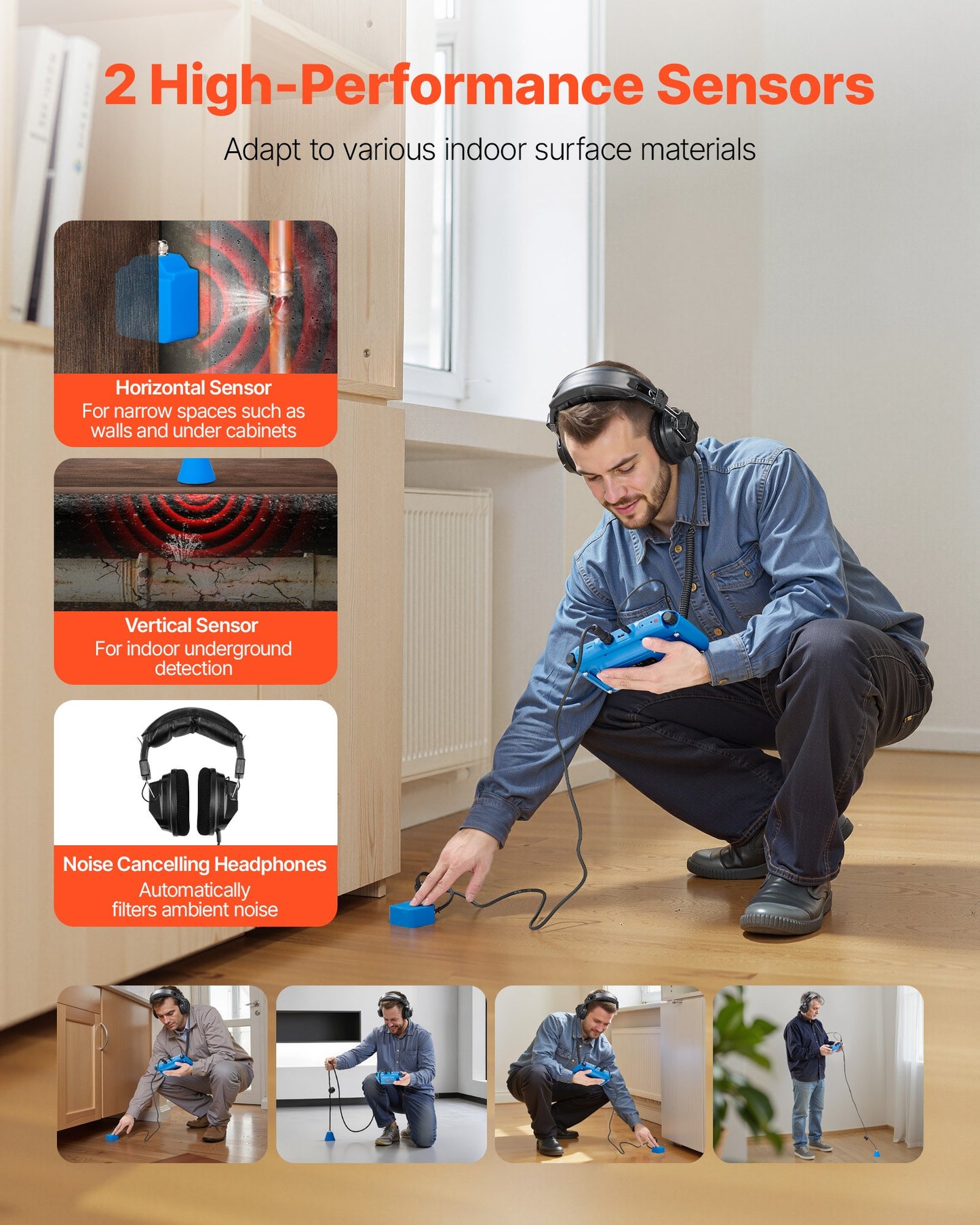Pipe Water Leak Detector For Indoors, 1Hz-10000Hz, 7" Touchscreen Plumbing Water Leakage Detection Locator With Horizontal & Vertical Sensors, Headphones, 8GB SD Card & Carry Case For Home Use